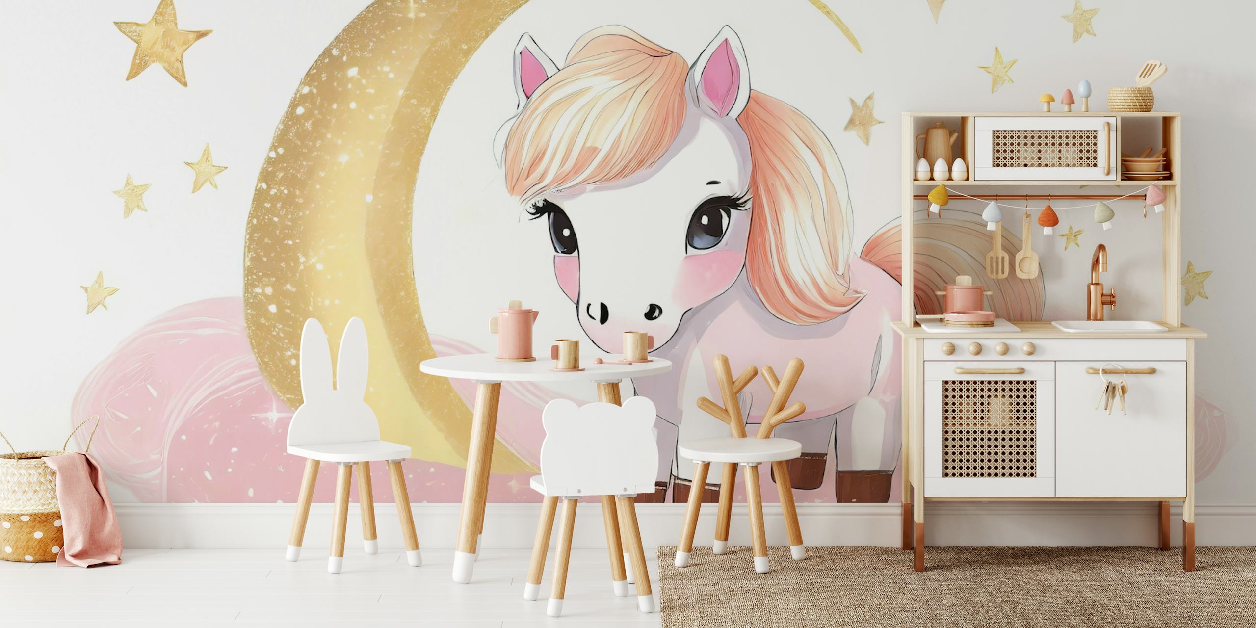 Pink unicorn with golden crescent moon and stars wallpaper