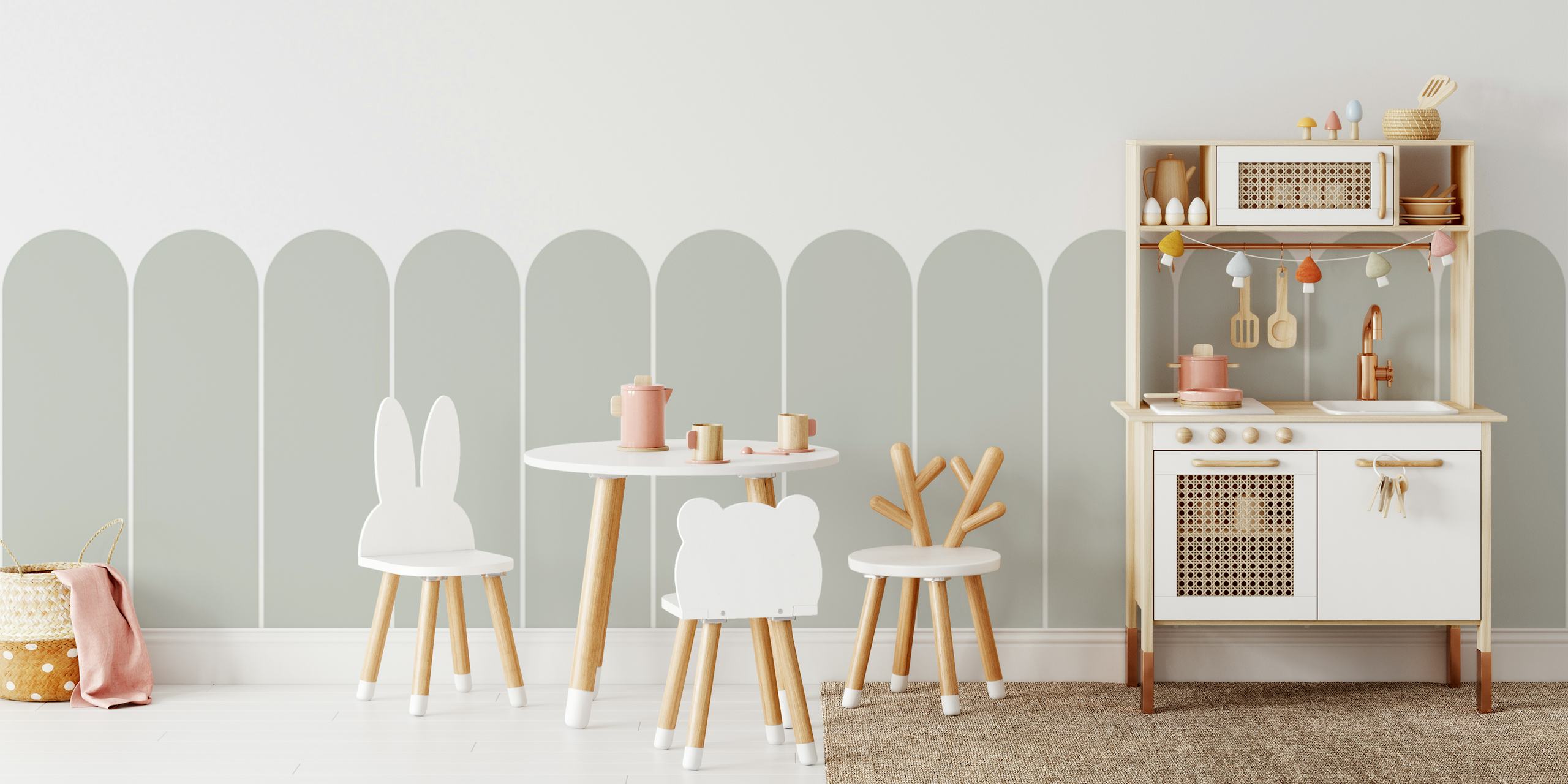 Geometric arches in sage green on a white background wallpaper