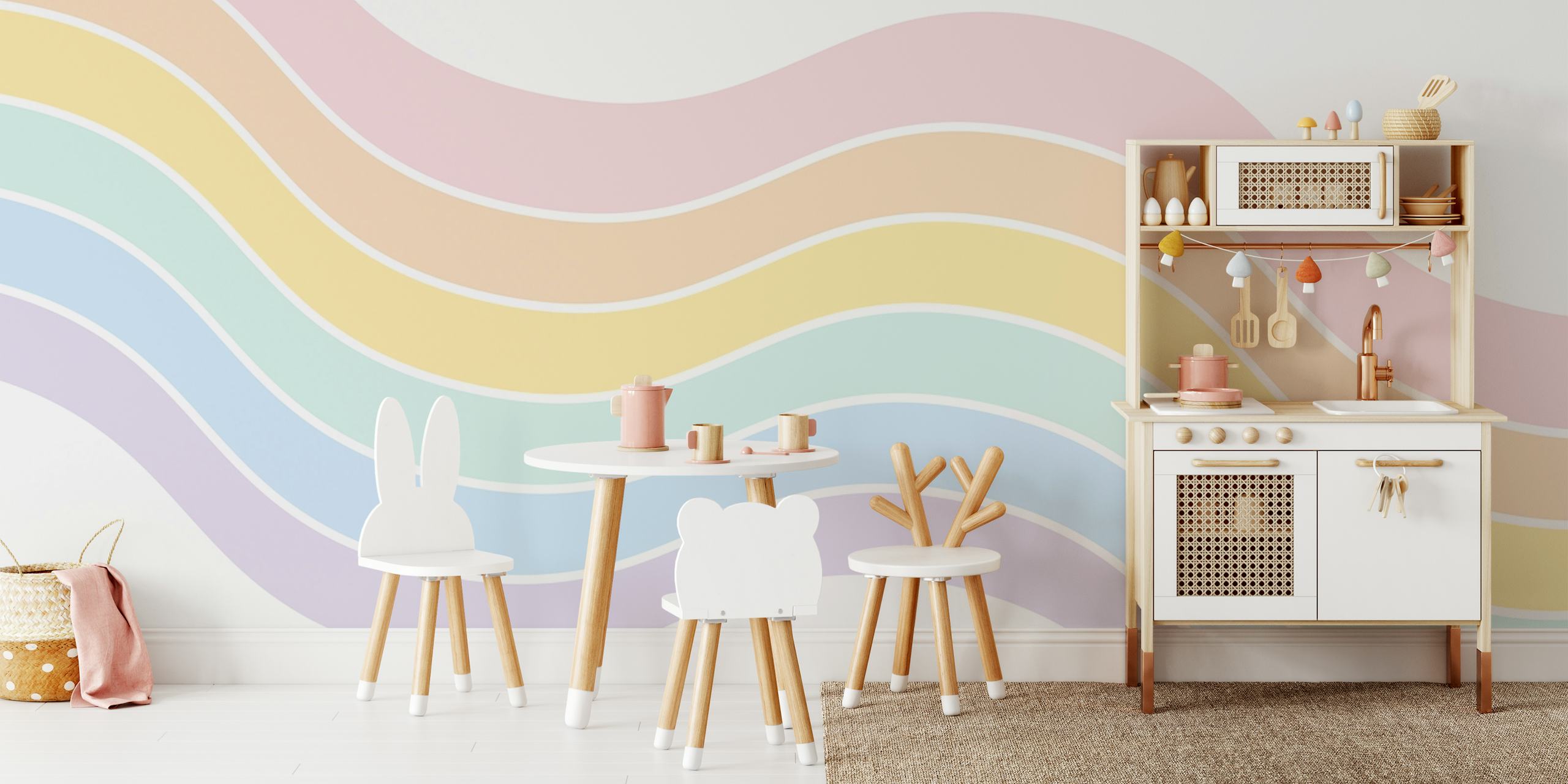 Pastel wavy lines in pink, yellow, blue, and lavender wallpaper