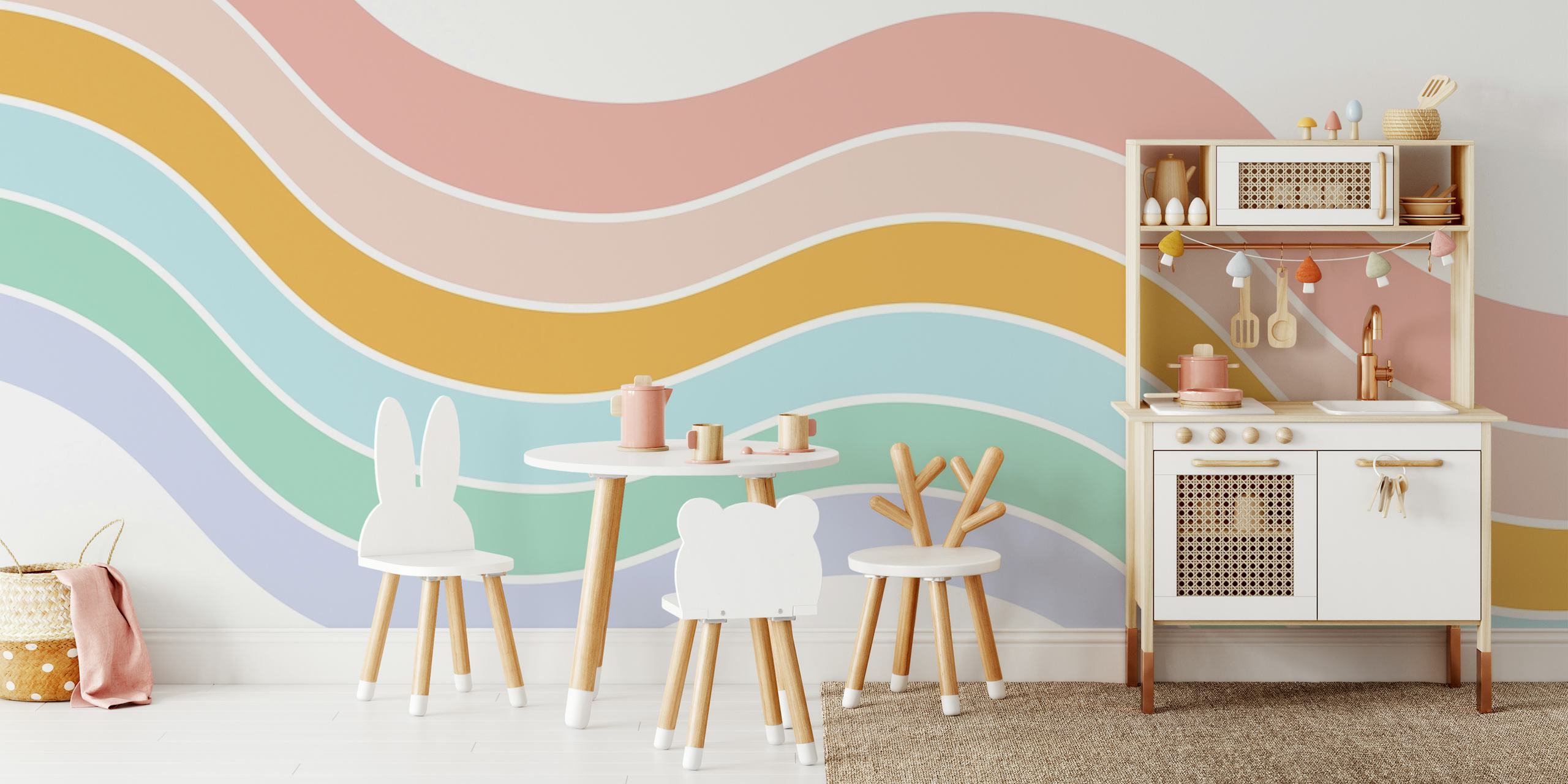 Vagues pastel en rose, bleu, vert et jaune wallpaper