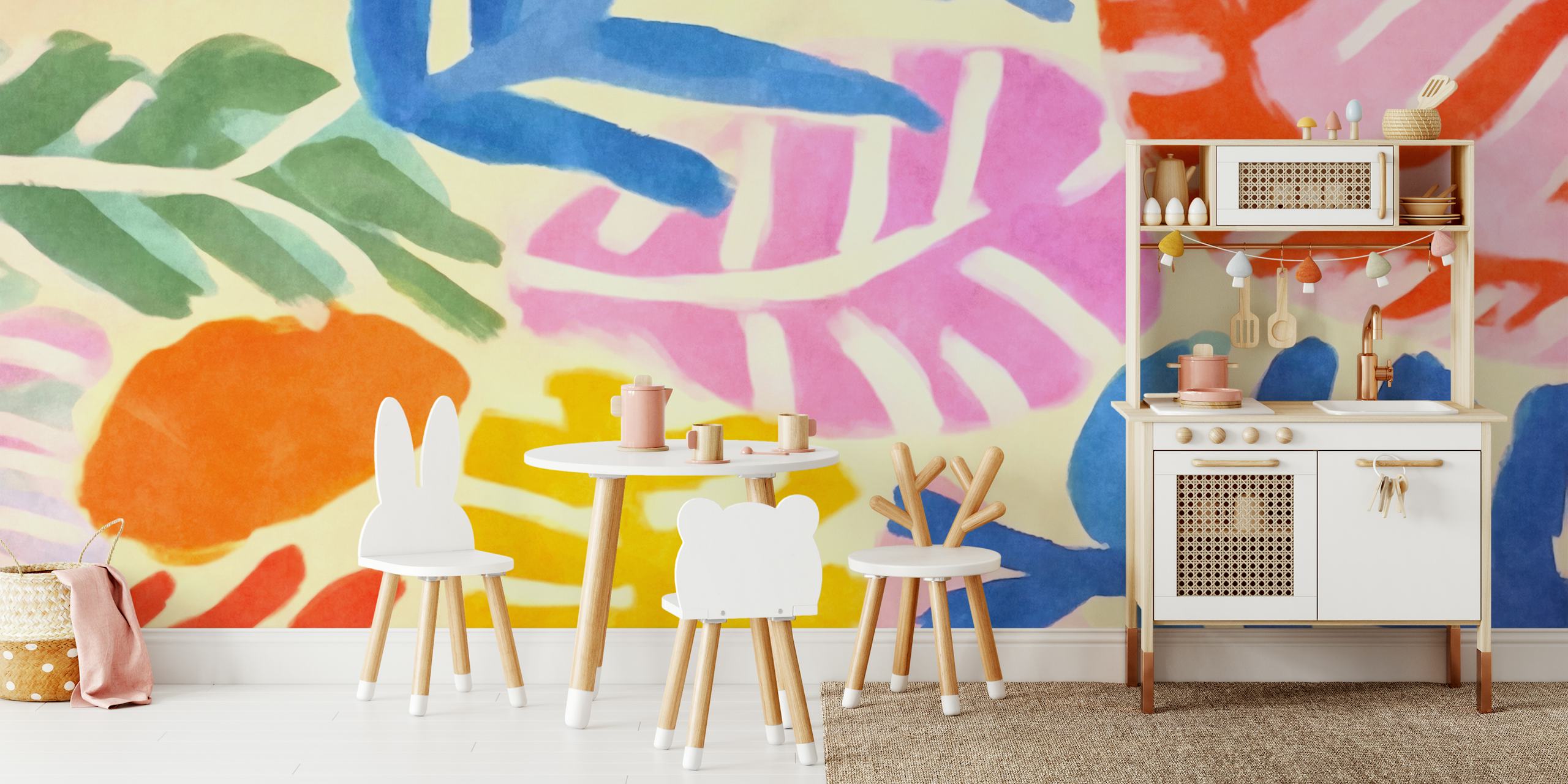 Colorato murale floreale astratto nello stile di Henri Matisse, con giocosi disegni ritagliati