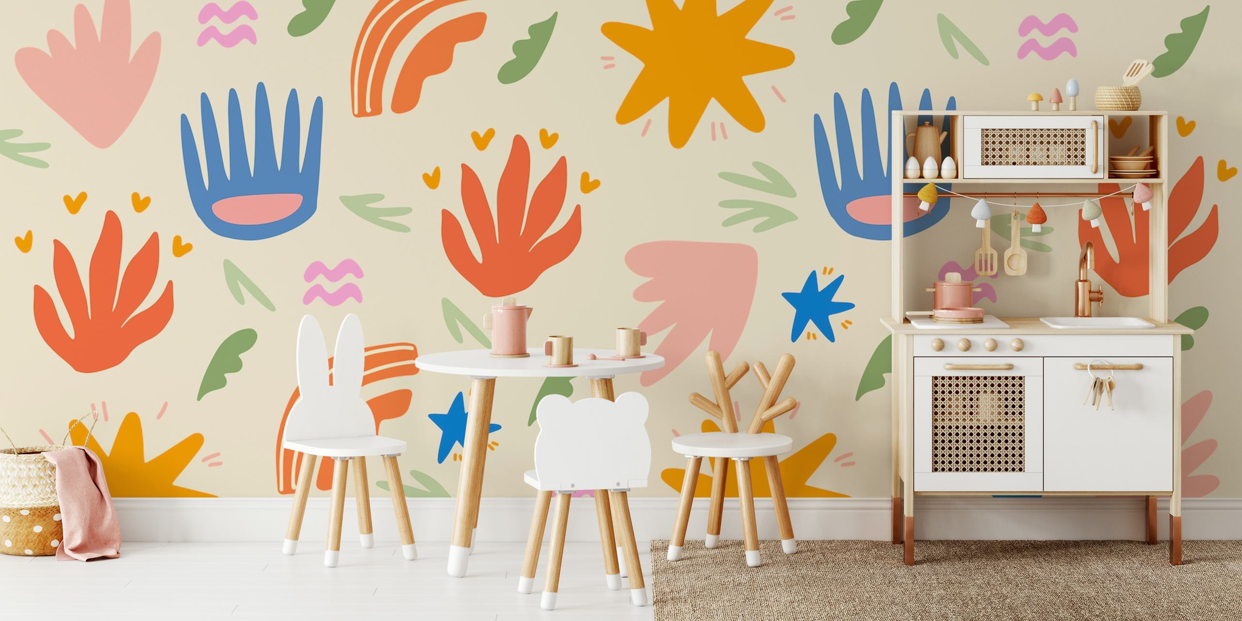 Colorful abstract shapes and patterns on beige wallpaper
