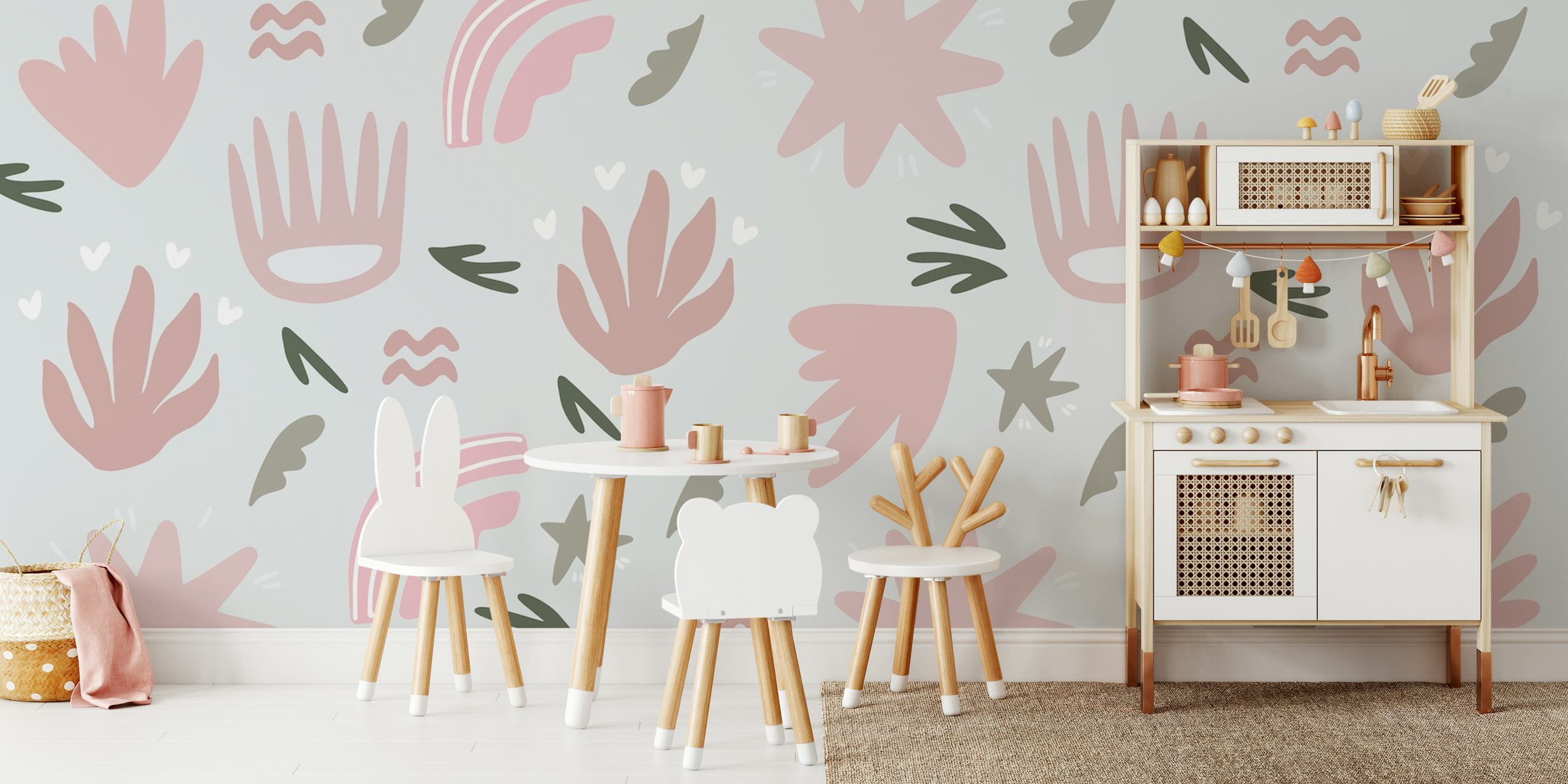 Abstract playful floral wall mural in soft pinks and greys for children's room