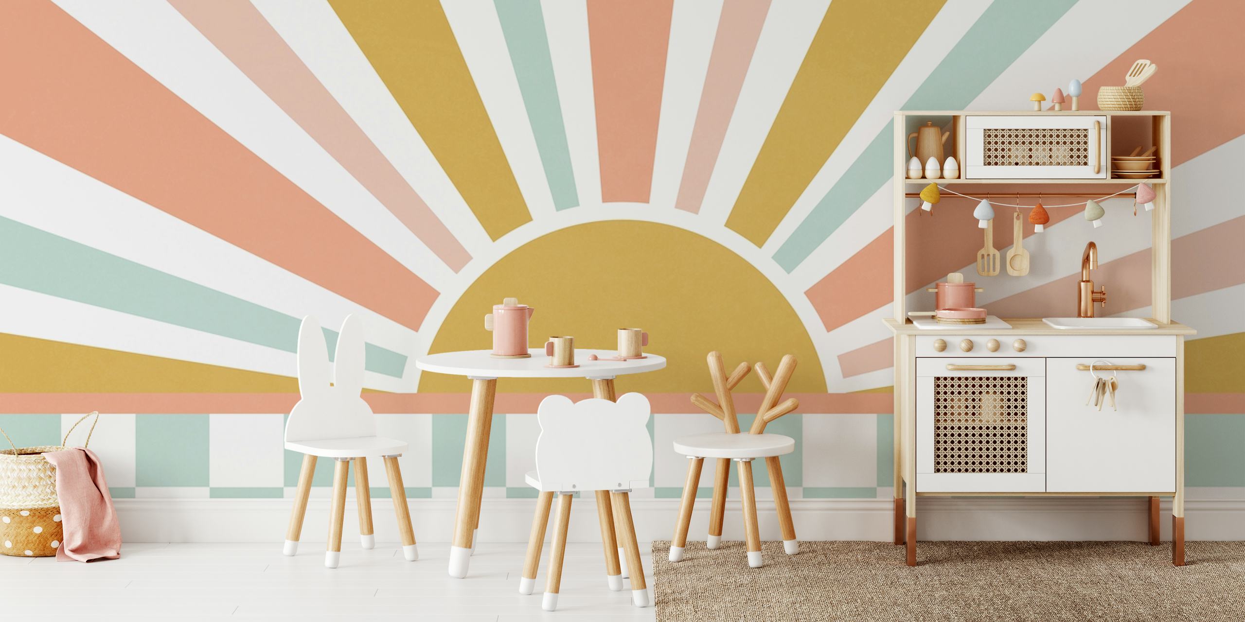 Pastel sun rays pattern with checkered base wallpaper