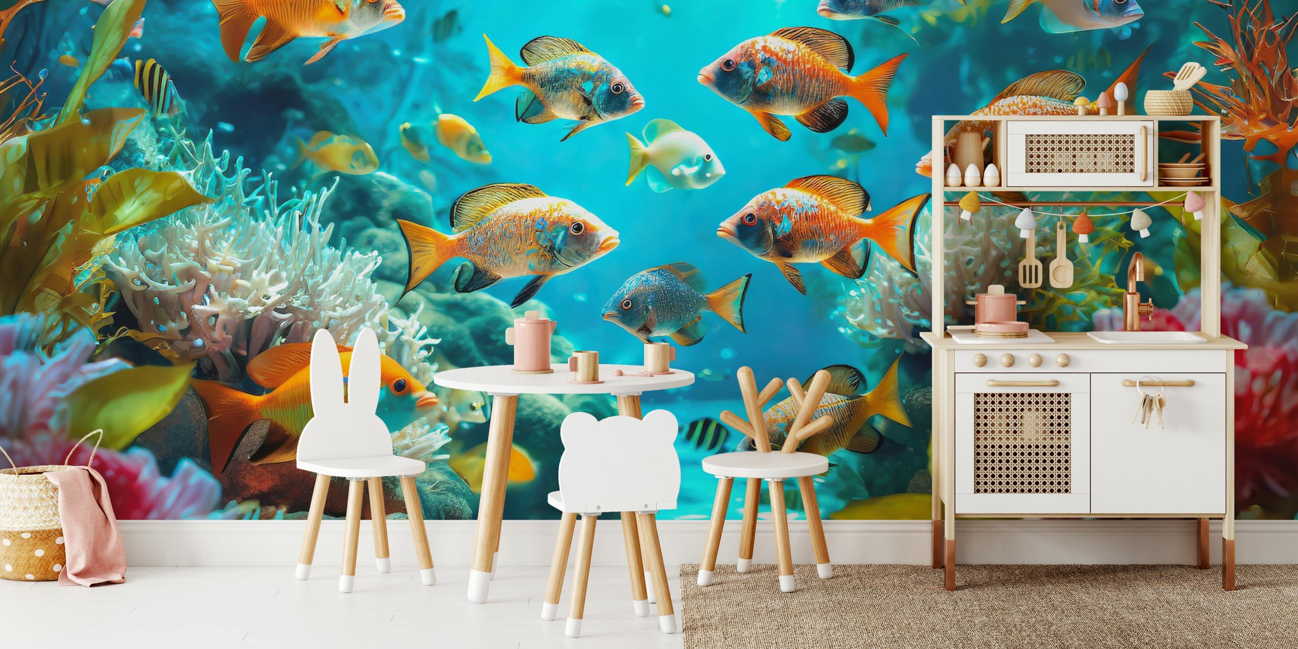 Colorful fish swimming in coral reef with blue background wallpaper