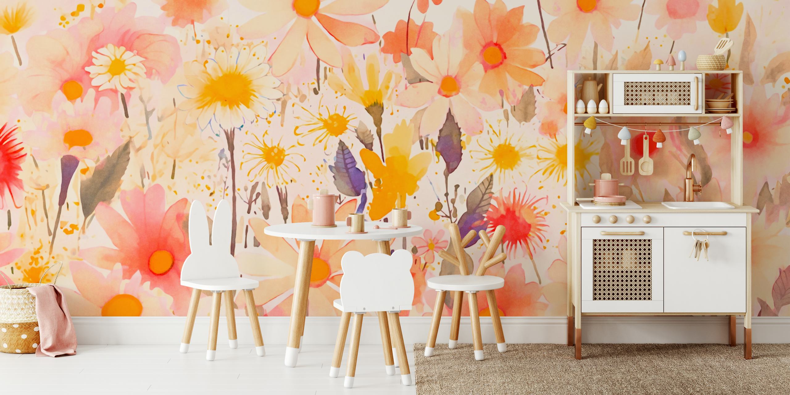 Pink and yellow floral design with a delicate watercolor effect wallpaper