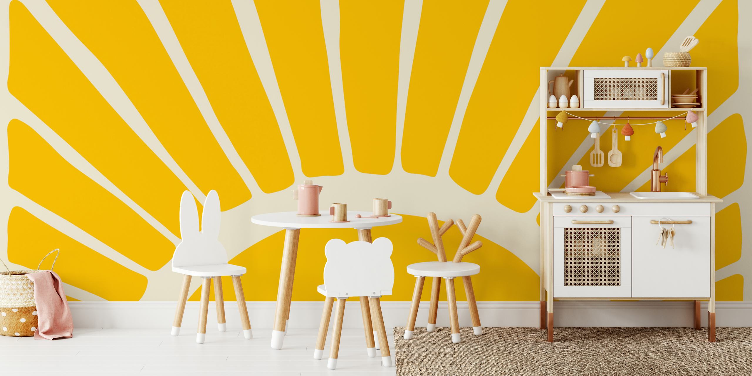 Yellow striped sunburst wallpaper in a room