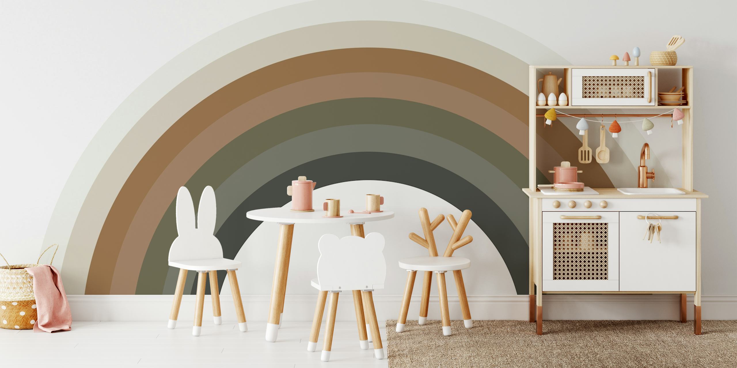 Modern rainbow design in earthy tones including dark green, brown, and cream wallpaper