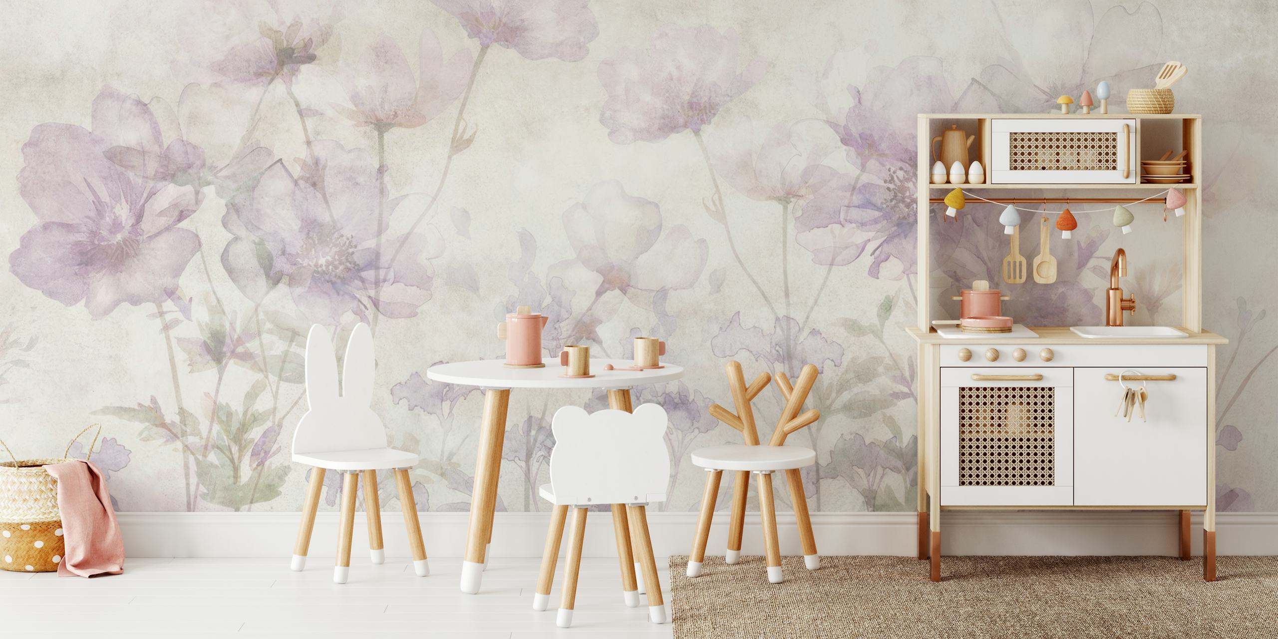 Soft purple floral patterns on a light background wallpaper