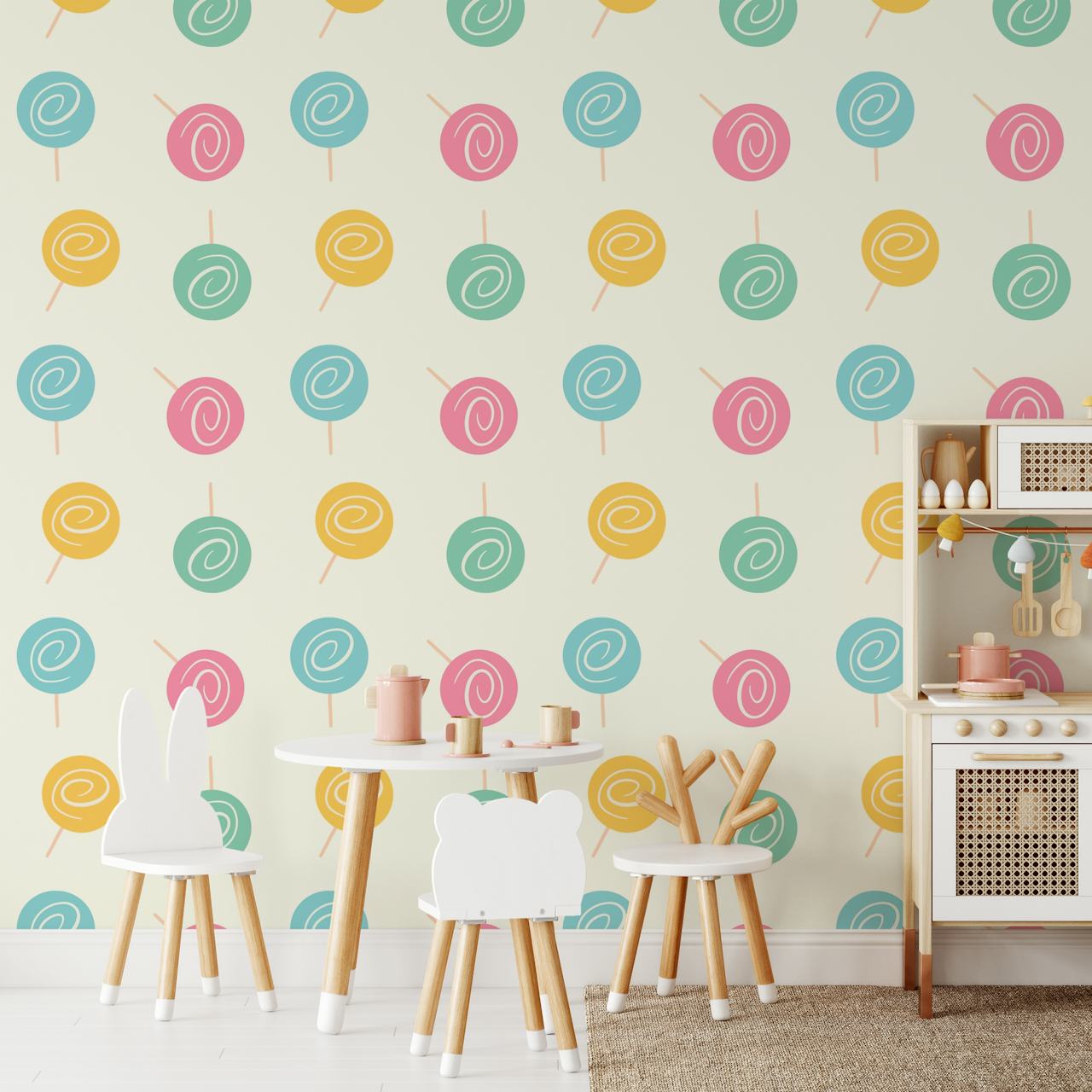 Colorful lollipops on cream background wallpaper