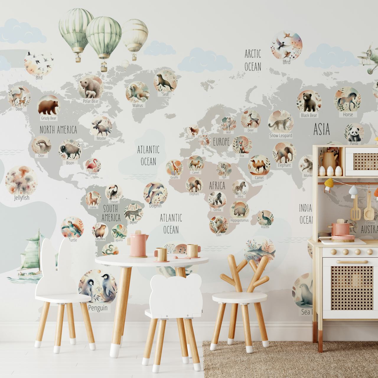 World map with various animal illustrations in pastel colors; wall mural.