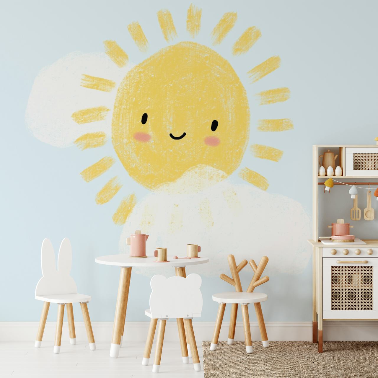 Smiling sun with rays and fluffy clouds on blue background wallpaper