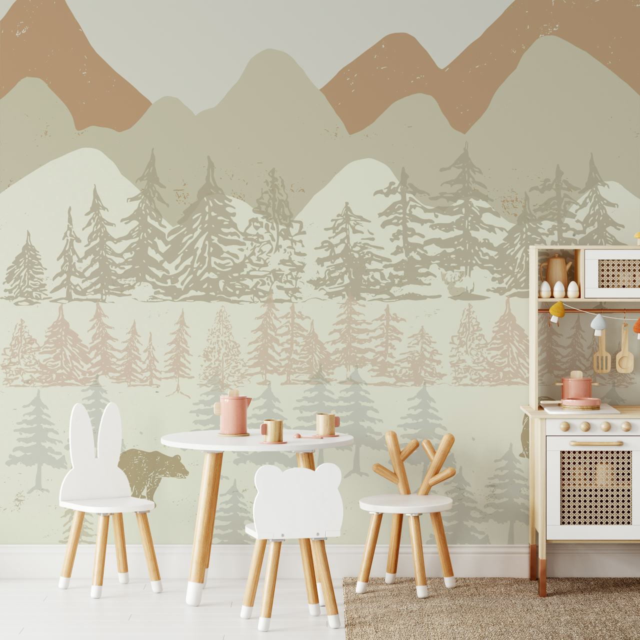 Mountain landscape with bears and pine trees in soft colors wallpaper