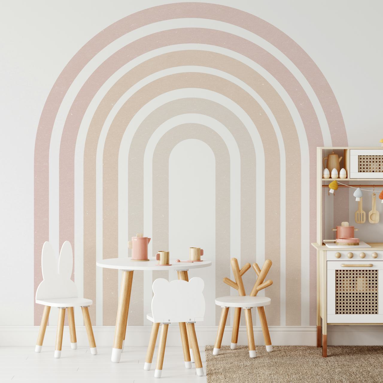 Minimalistische boho regenboog in pastelkleuren muurschildering