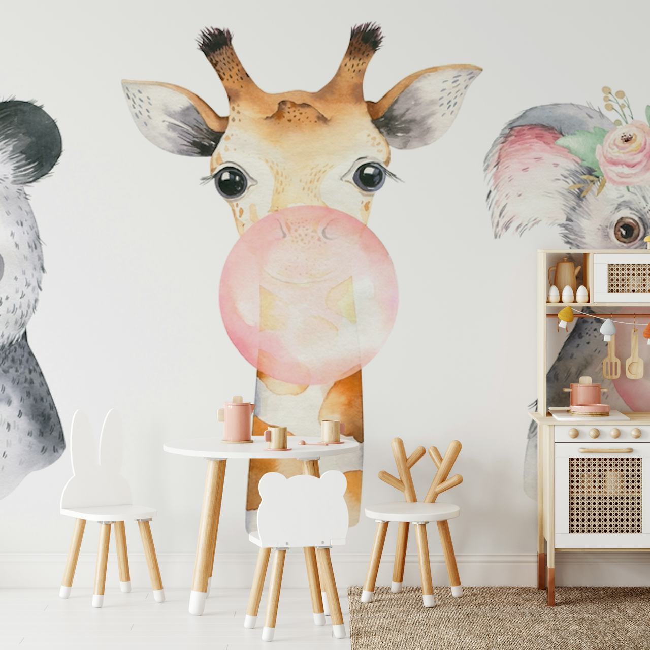 Adorable panda, giraffe, and koala blowing bubblegum wallpaper