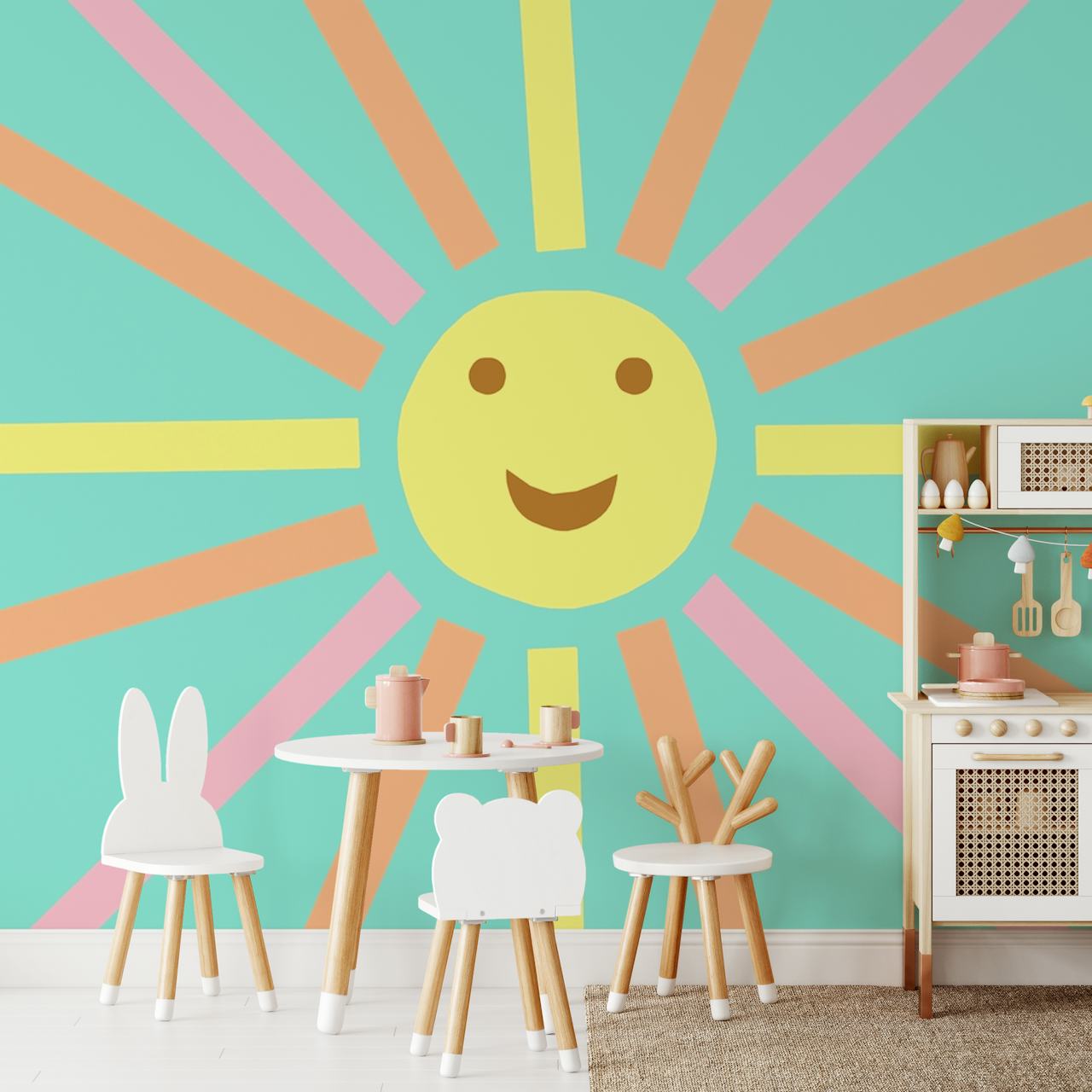 Colorful retro sun design with smiling face in yellow and pink rays wallpaper