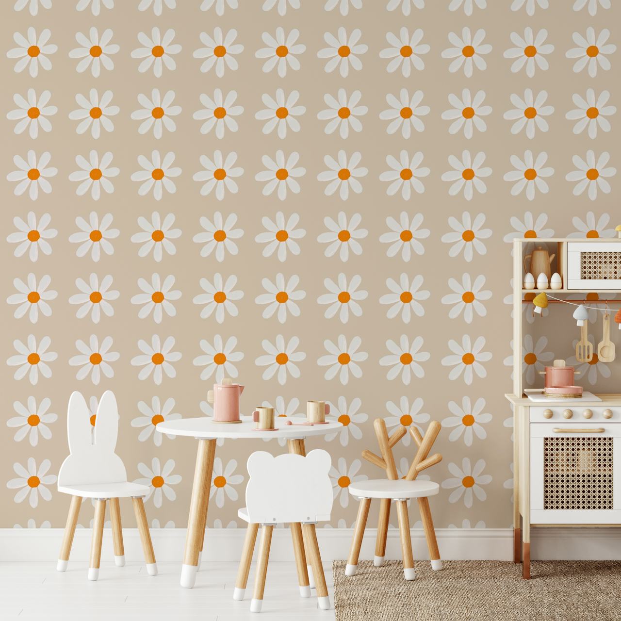 Boho Daisy Pattern -seinämaalaus, jossa toistuva päivänkakkarakuvio neutraalilla taustalla