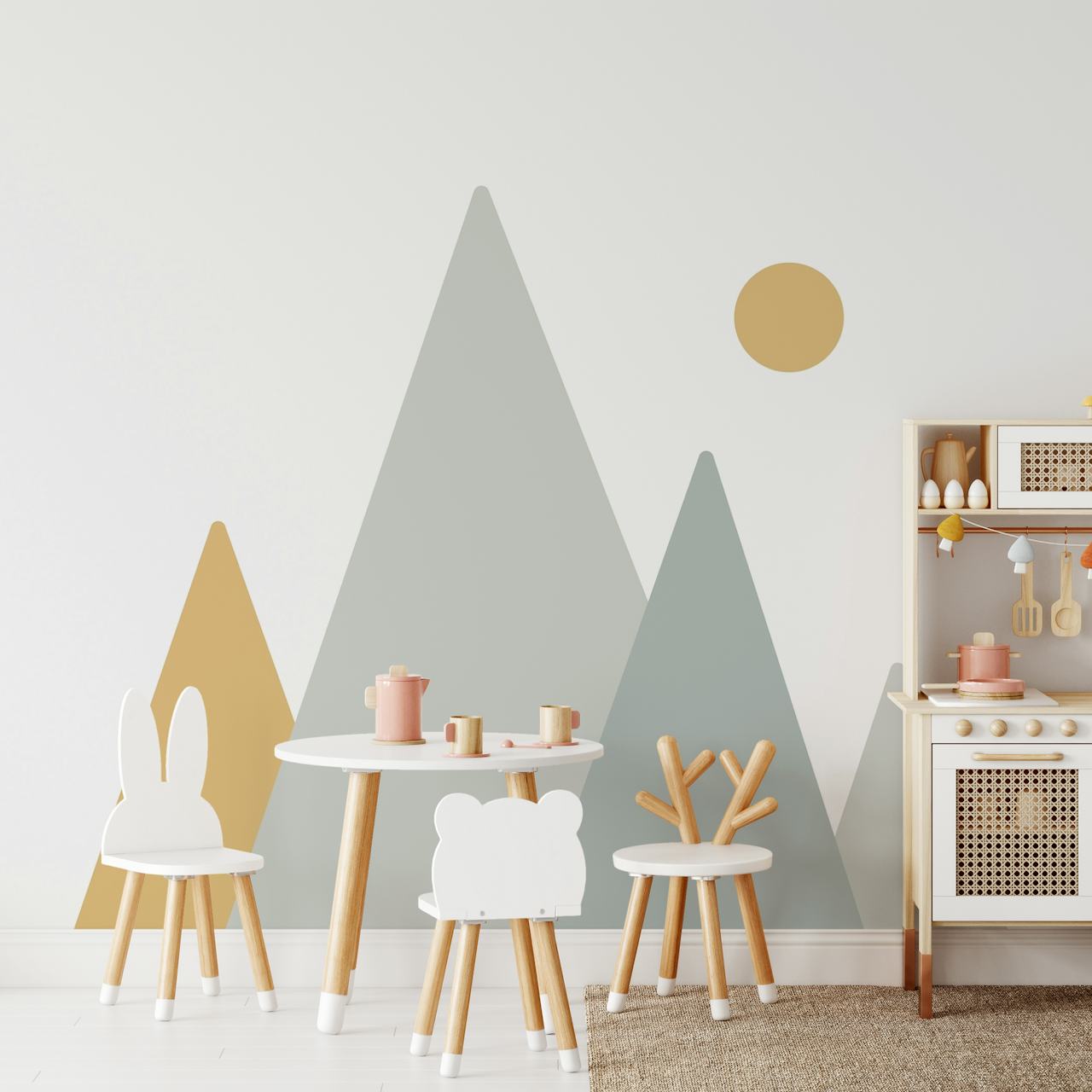 Stylized minimalist mountain peaks in gray and beige wallpaper