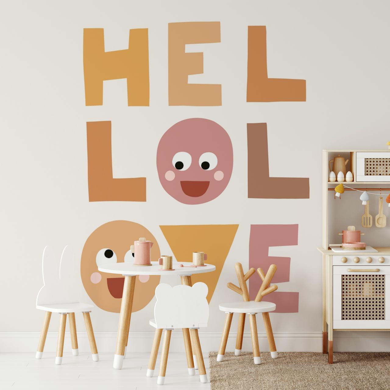 Hello Love boho wallpaper with warm colors and playful characters