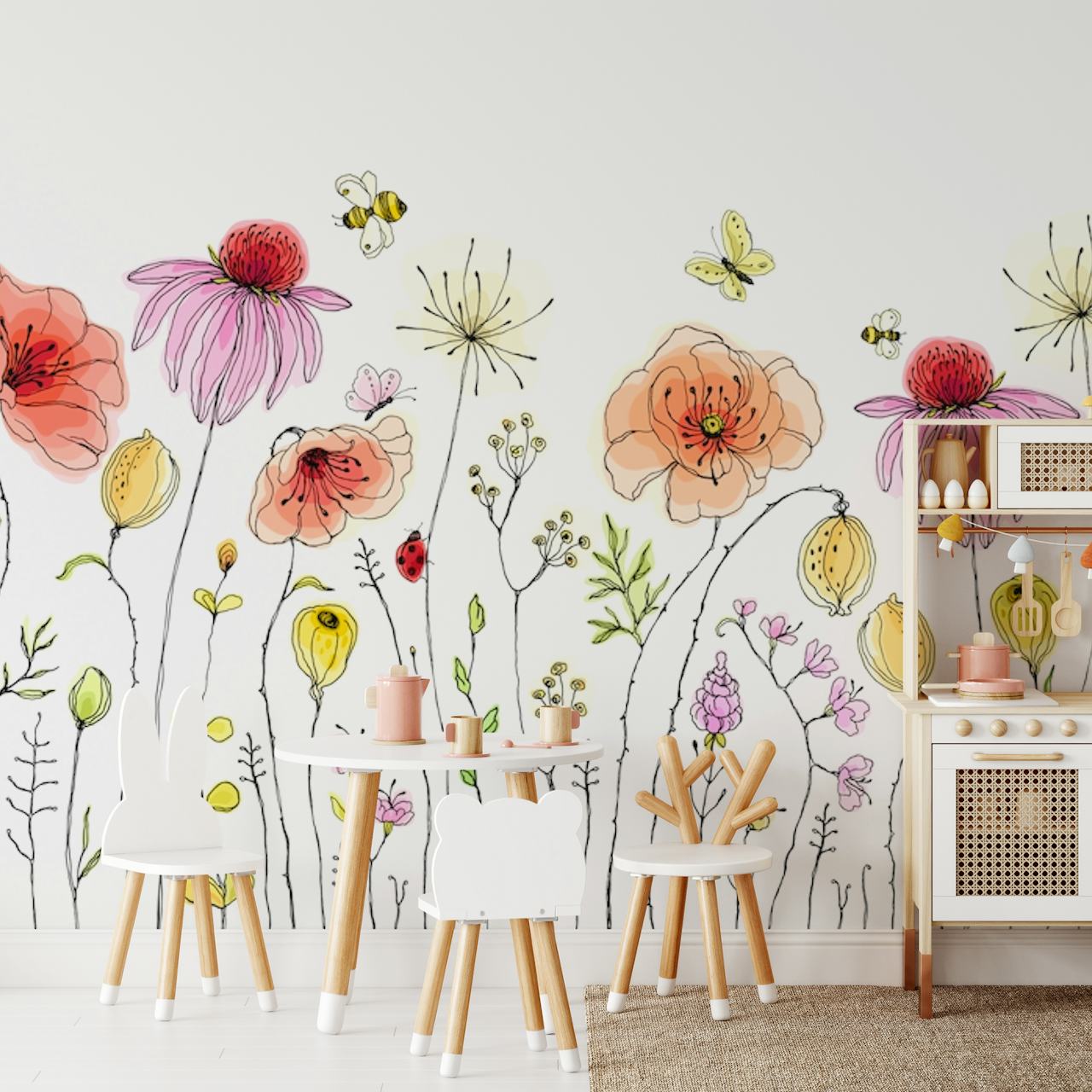 Colorful flowers with delicate illustrations on white background wallpaper