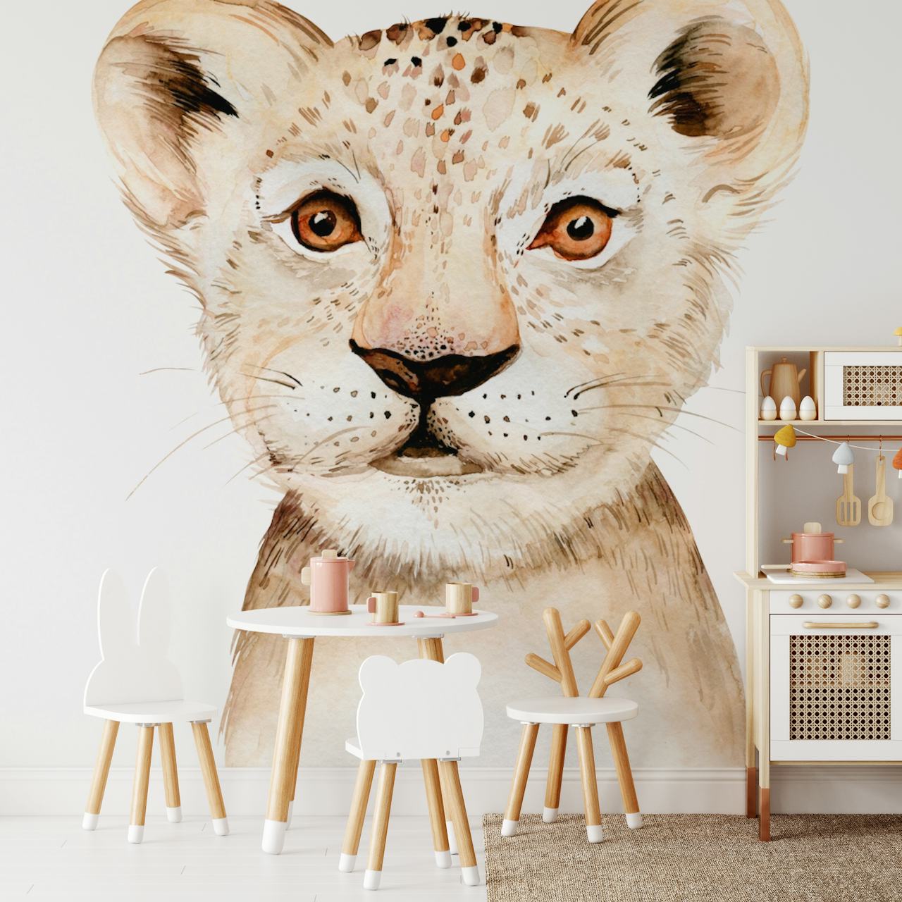 Cute lion cub face in soft colors watercolor wallpaper