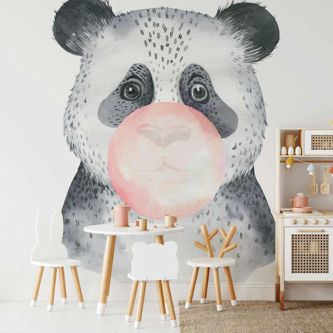 Panda face with bubblegum (pink) in a watercolor style wallpaper