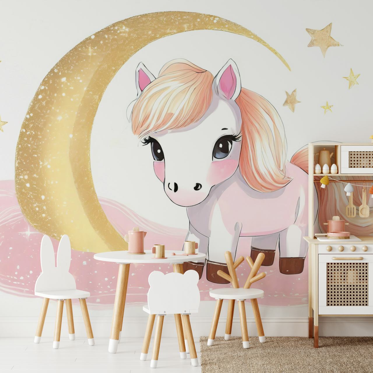 Pink unicorn with golden crescent moon and stars wallpaper