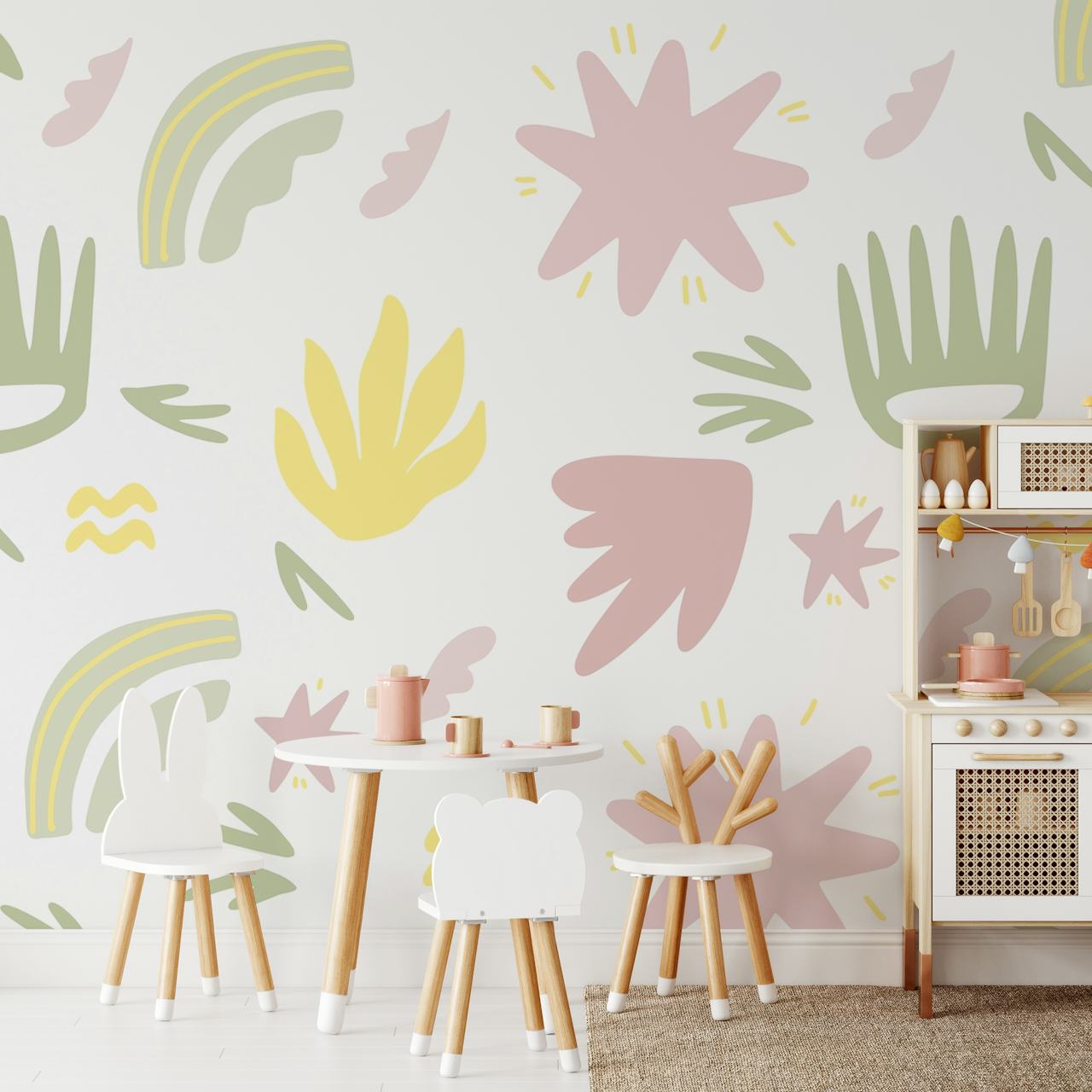 Hand-drawn style wall mural with pastel yellow, pink, and green botanical elements