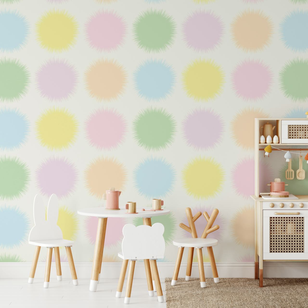 Pastel colored pompom dots on a white background wallpaper