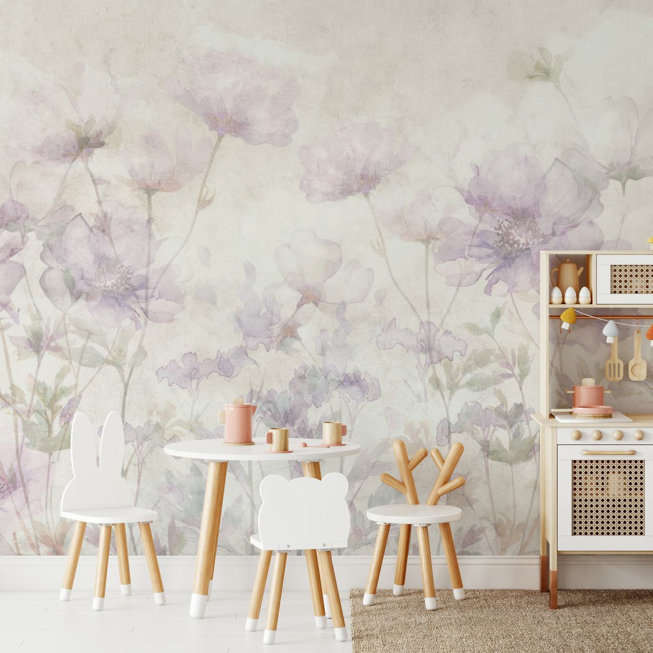 Soft purple floral patterns on a light background wallpaper