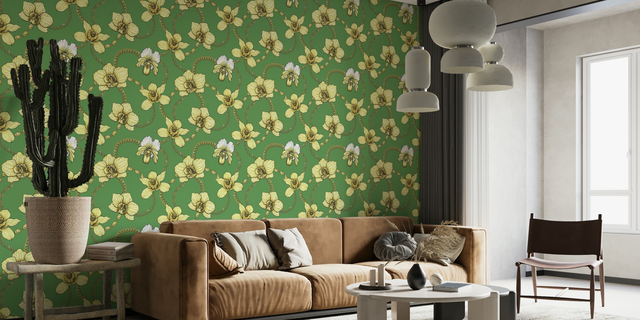 Orchids and chains, yellow and kelly green papel pintado