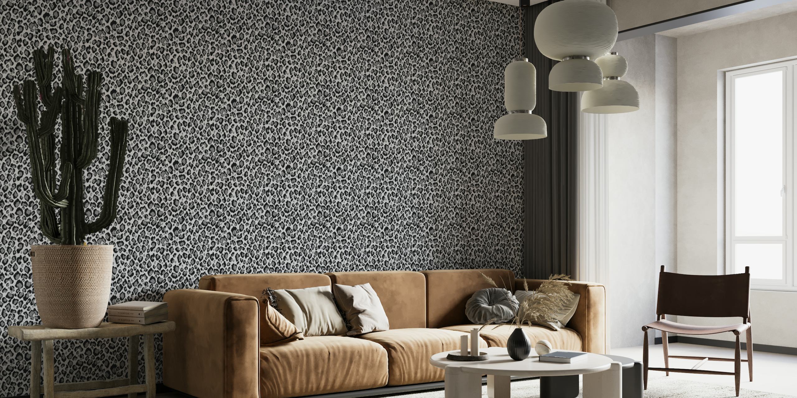 Fotomural vinílico de parede com estampa de leopardo cinza e preto para uma decoração de interiores sofisticada.
