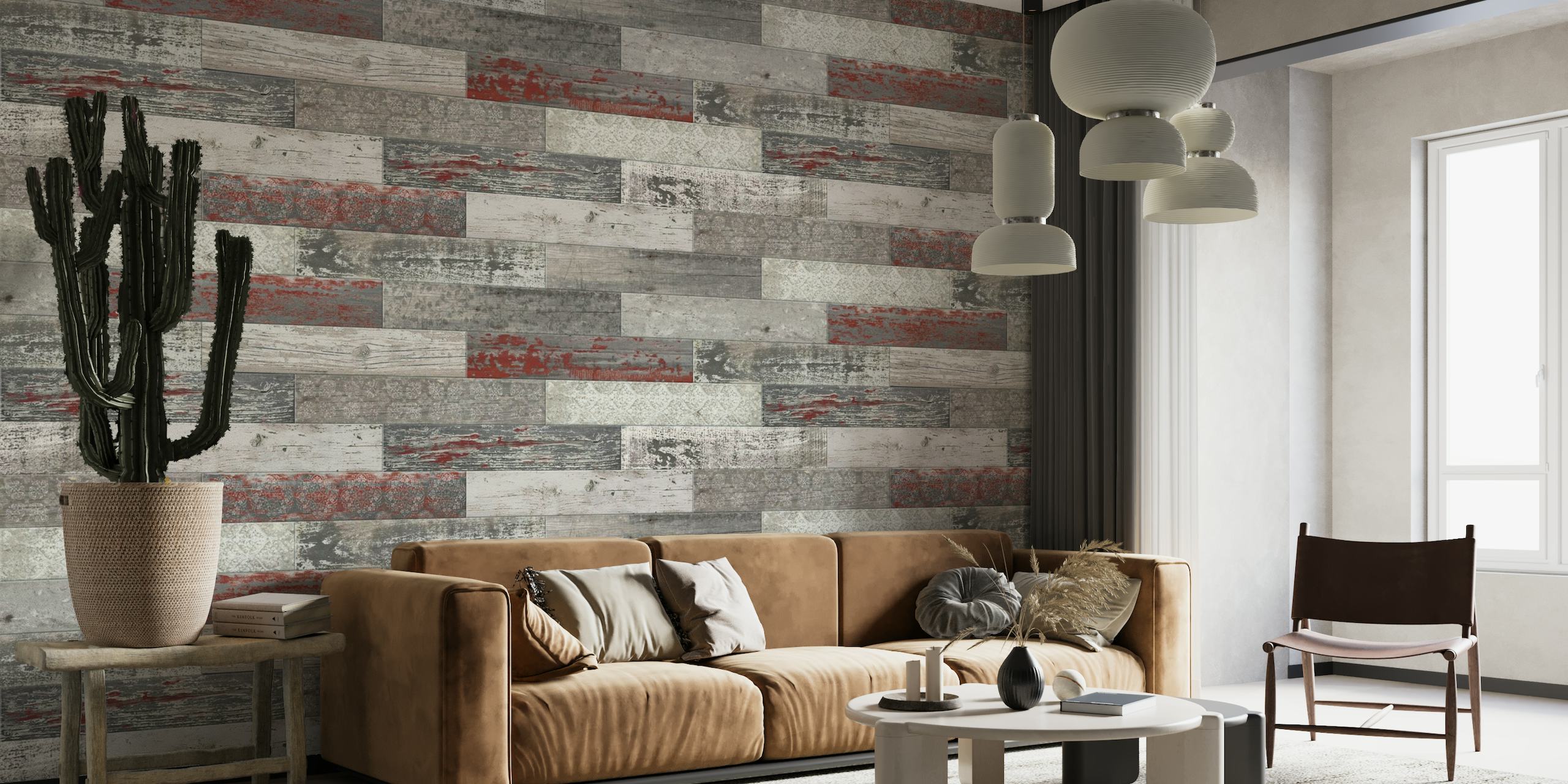 Vintage Wood Tiles Pattern Burgundy Beige Grey Horizontal papel de parede