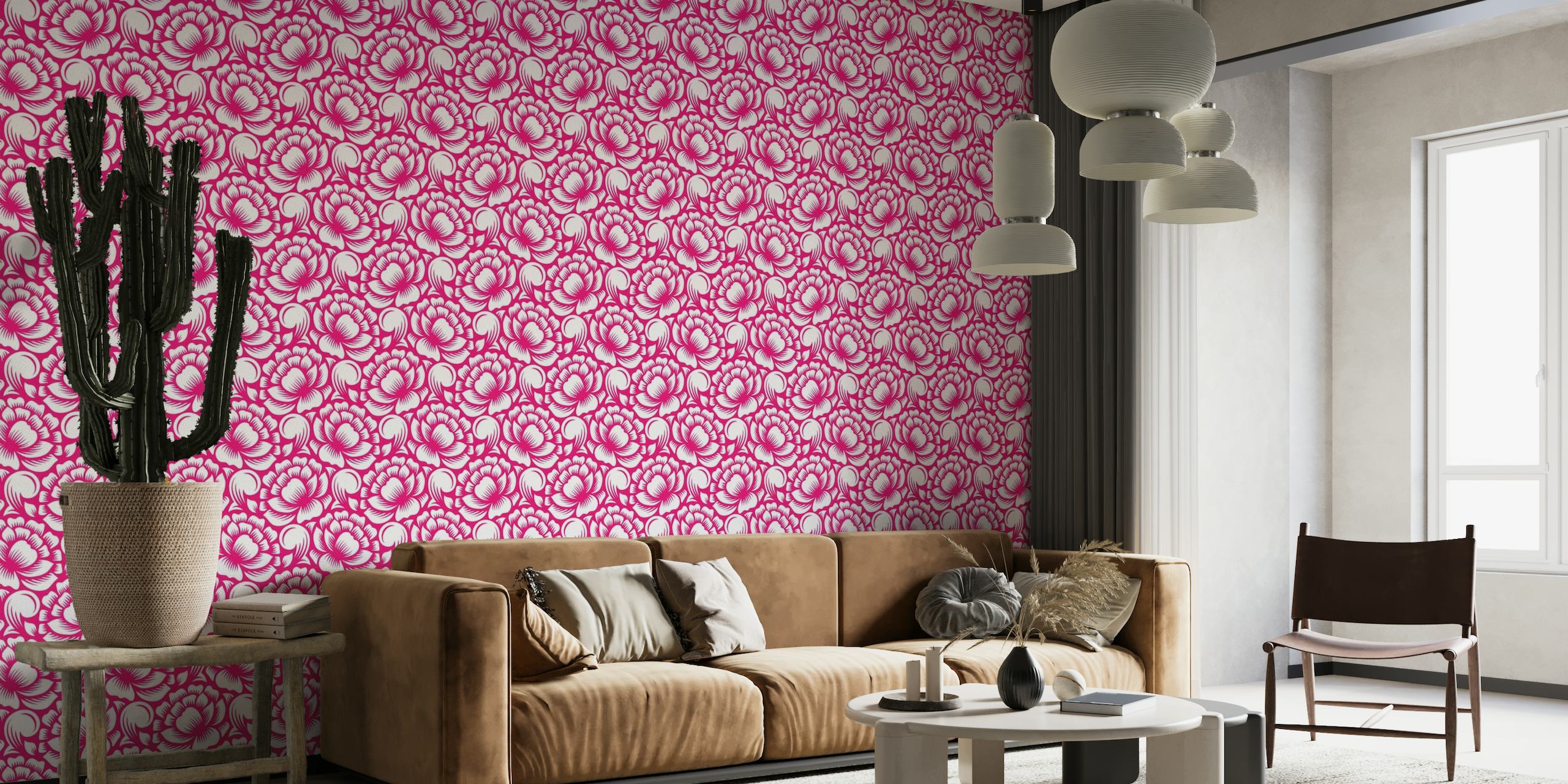 Mural de parede viva magenta com silhuetas de flores para uma decoração interior elegante