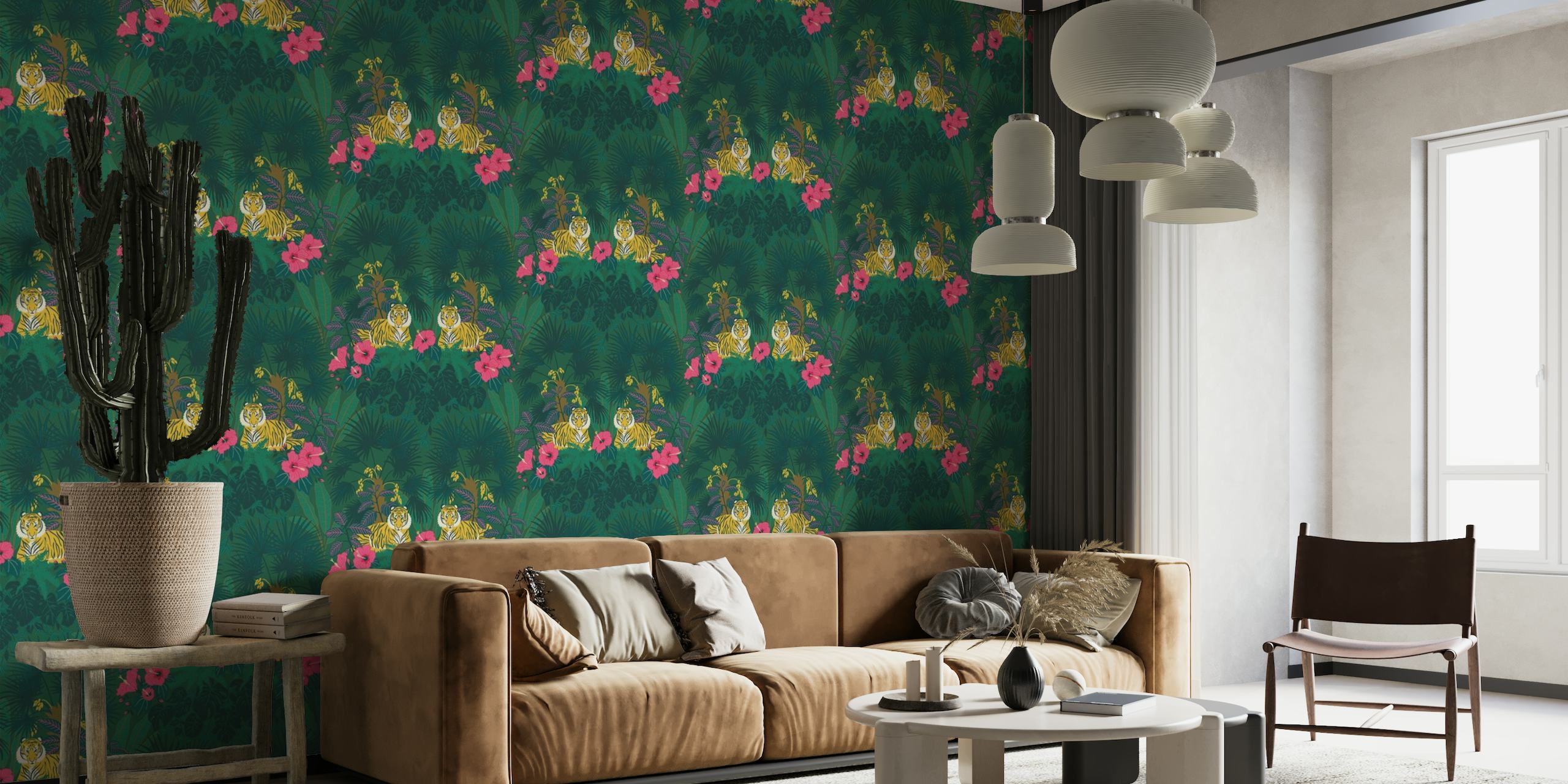 Proud Tiger - Javan Green - mural de parede mostrando tigres, palmeiras, monstera e hibiscos em um fundo verde
