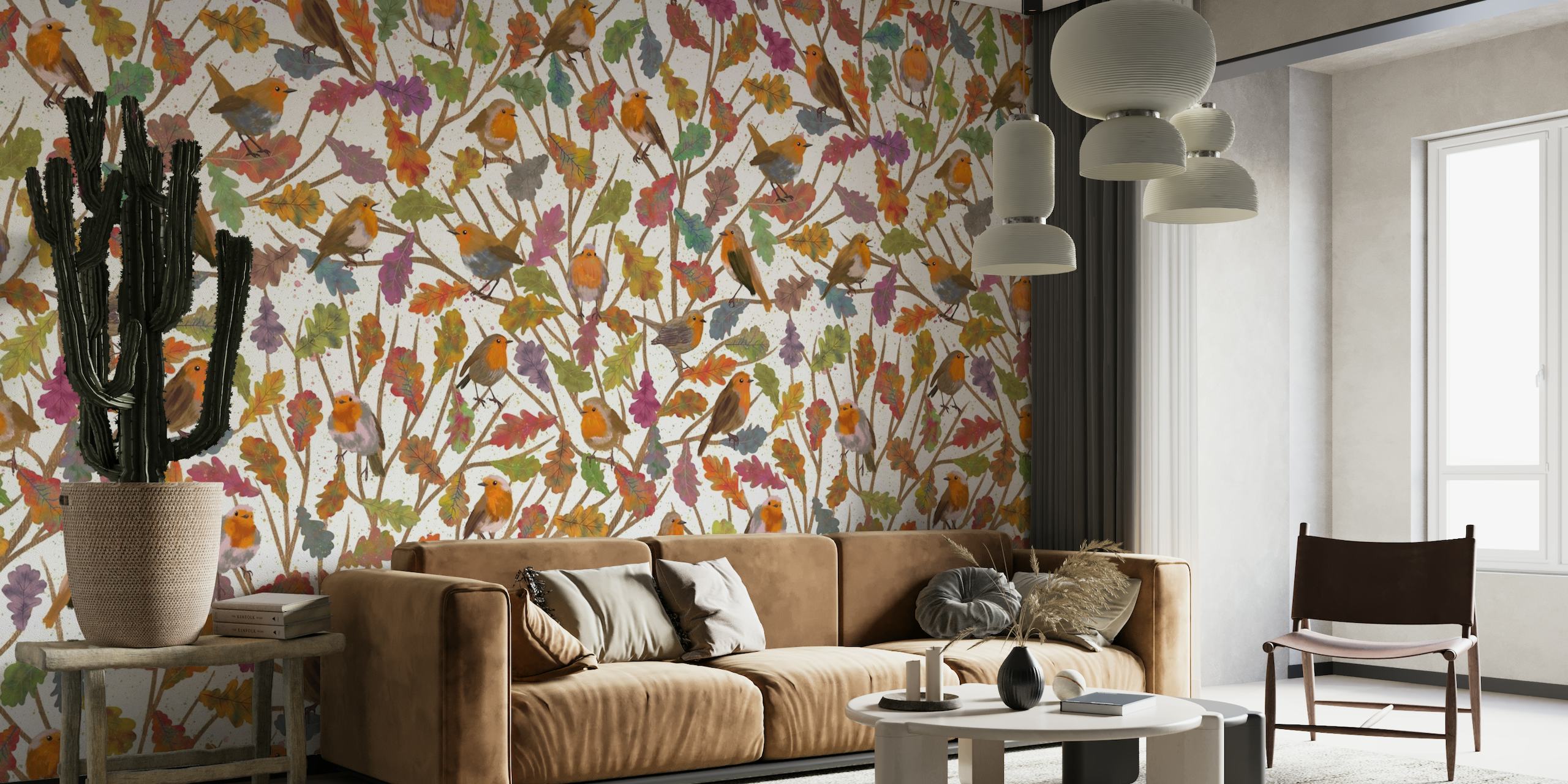 Pássaros Robin empoleirados entre folhas coloridas de outono em um mural de parede