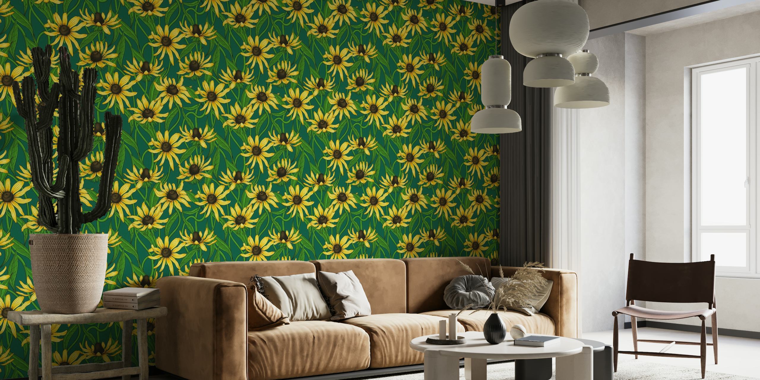 Yellow Rudbekia on dark green wallpaper