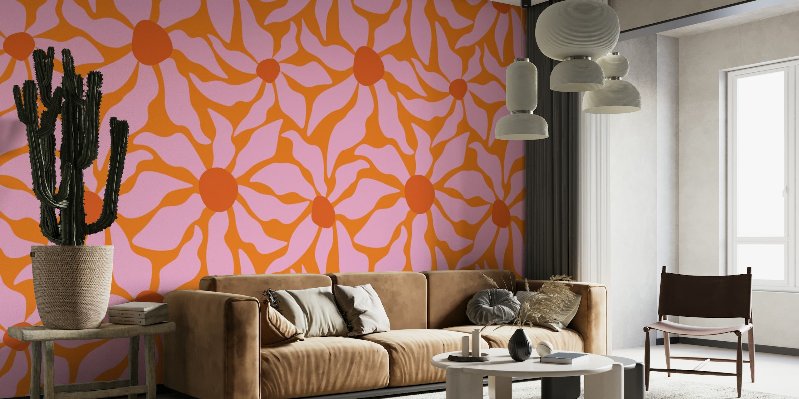 Żywa pomarańczowo-różowa fototapeta z abstrakcyjnymi kwiatami i wzorem w stylu retro