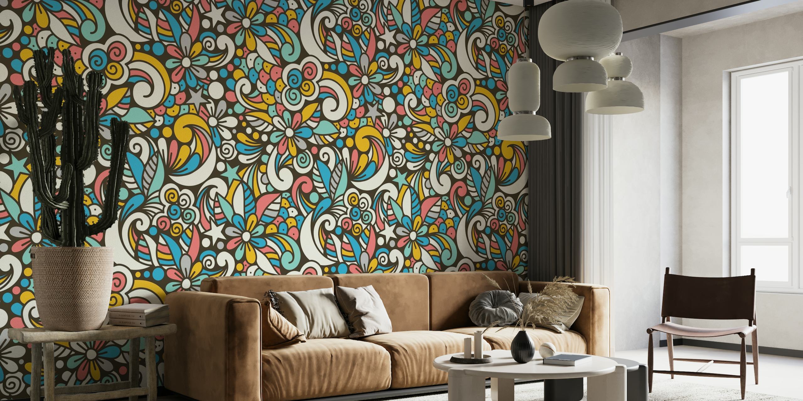 Colorful groovy floral retro doodle (2753B) papiers peint