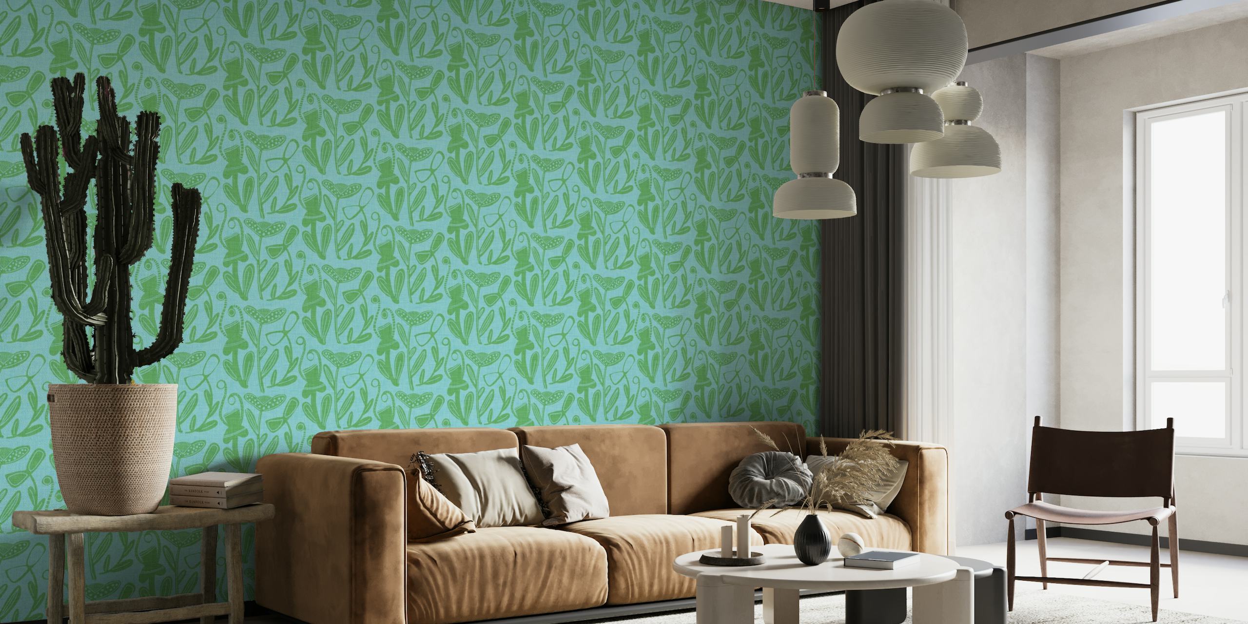 Vaaleansininen ja vihreä kukkainen boheemi-tyylinen seinämaalaus