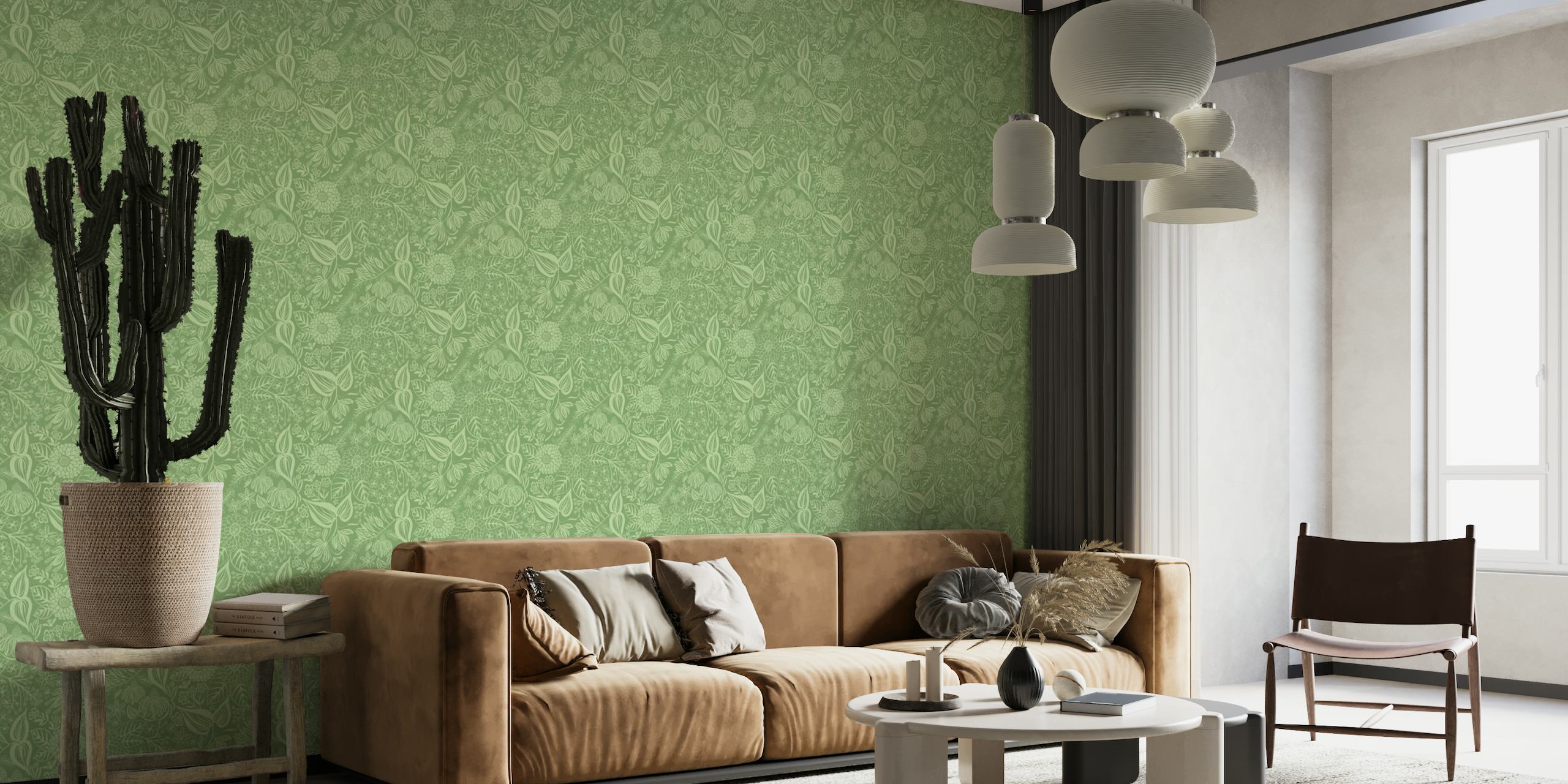 Soft green wall mural with a floral and bee garden pattern