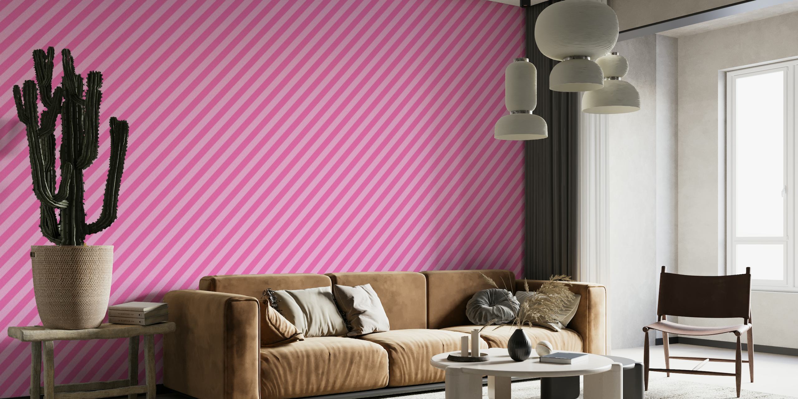 Fotomural vinílico de parede com listras diagonais em rosa vivo e rosa suave