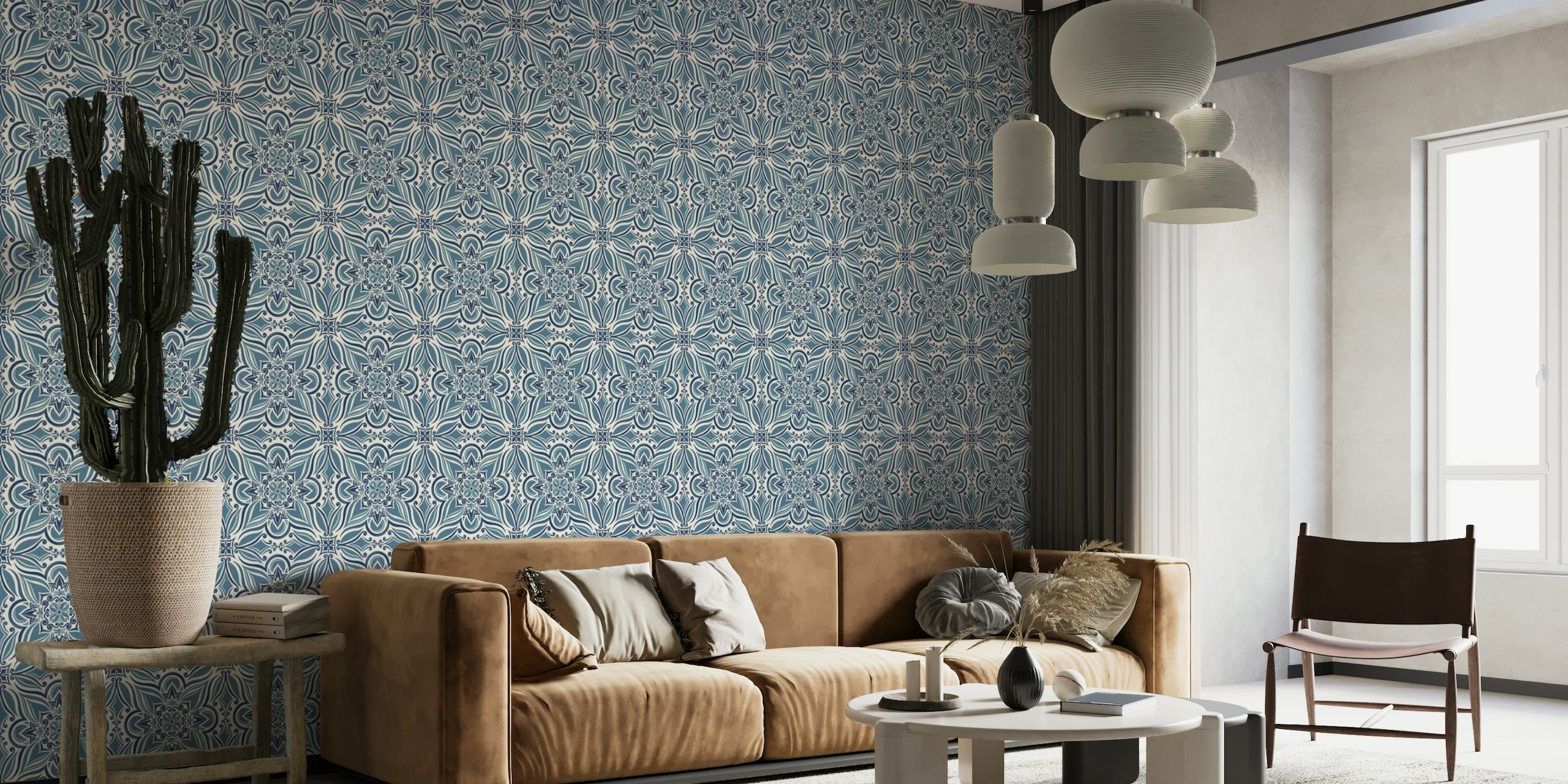 Mural de parede com padrão de azulejos azuis e brancos do Mediterrâneo costeiro para decoração de casa