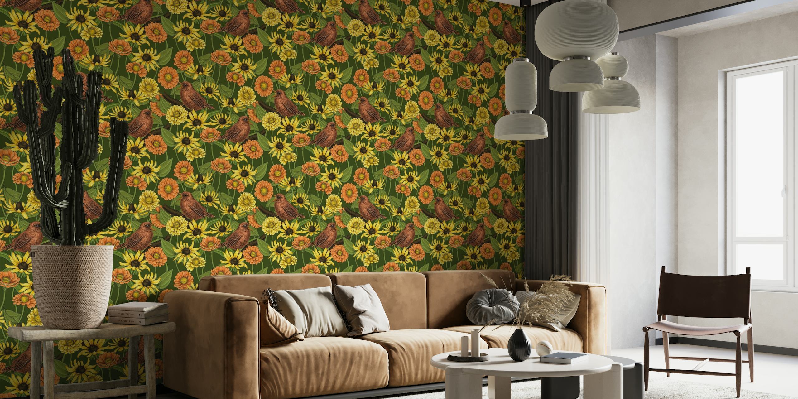Scriccioli appollaiati tra fiori gialli e arancioni su una parete con sfondo verde