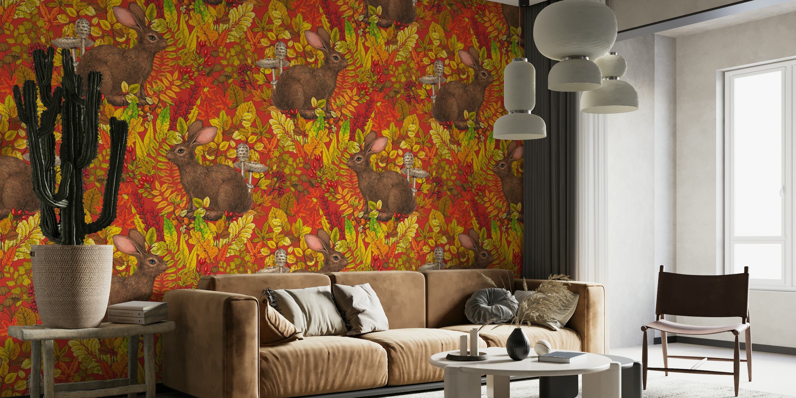 Autumn Rabbit punaisella seinämaalauksella kaneja ja syksyn lehtiä
