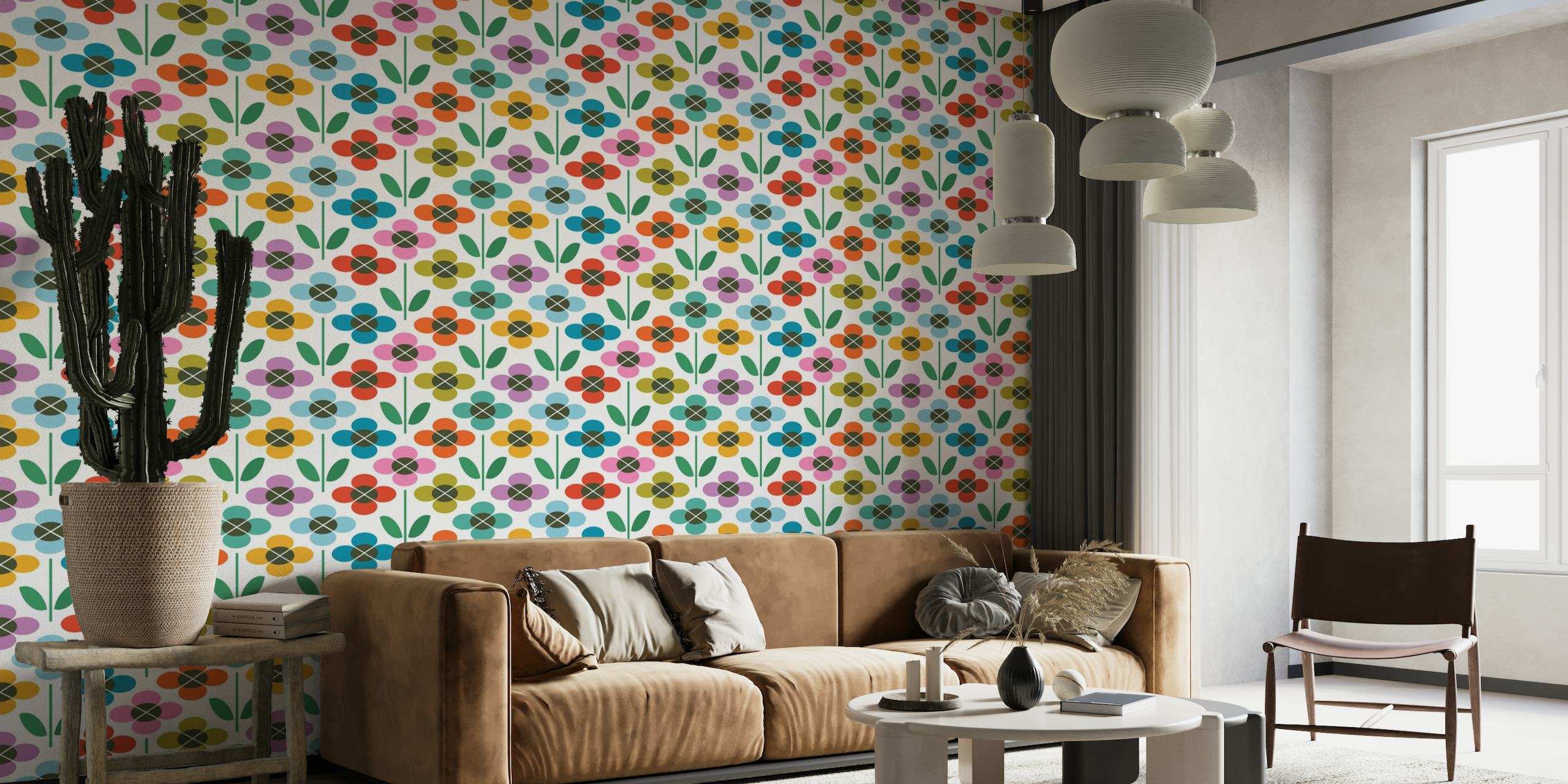fotomural vinílico de parede colorido estilizado com padrão floral e elementos de design xadrez
