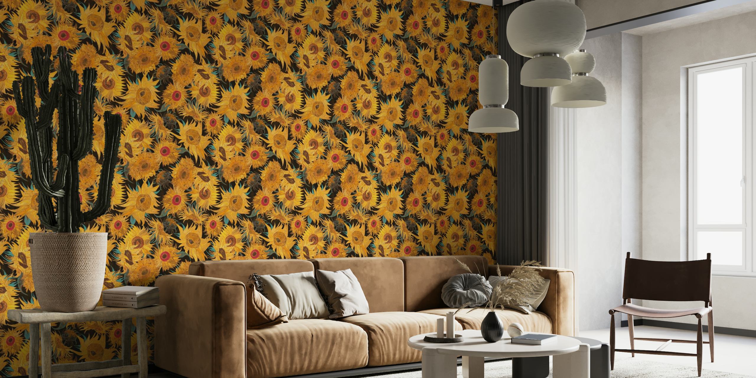 Van Gogh Sunflowers Pattern in yellow, black, aqua and red tapete