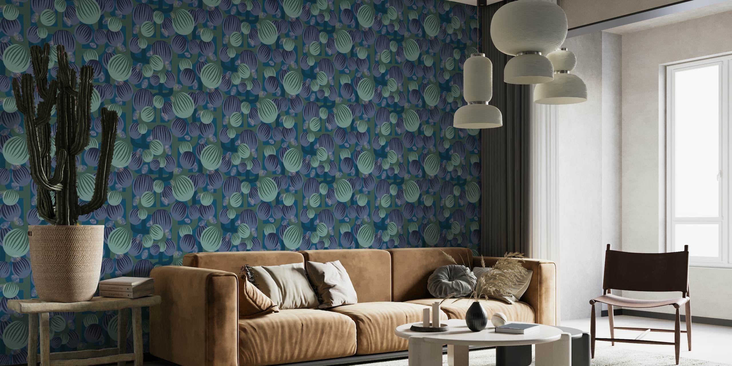 fotomural vinílico de parede de flores bolha de inspiração retrô em azul escuro