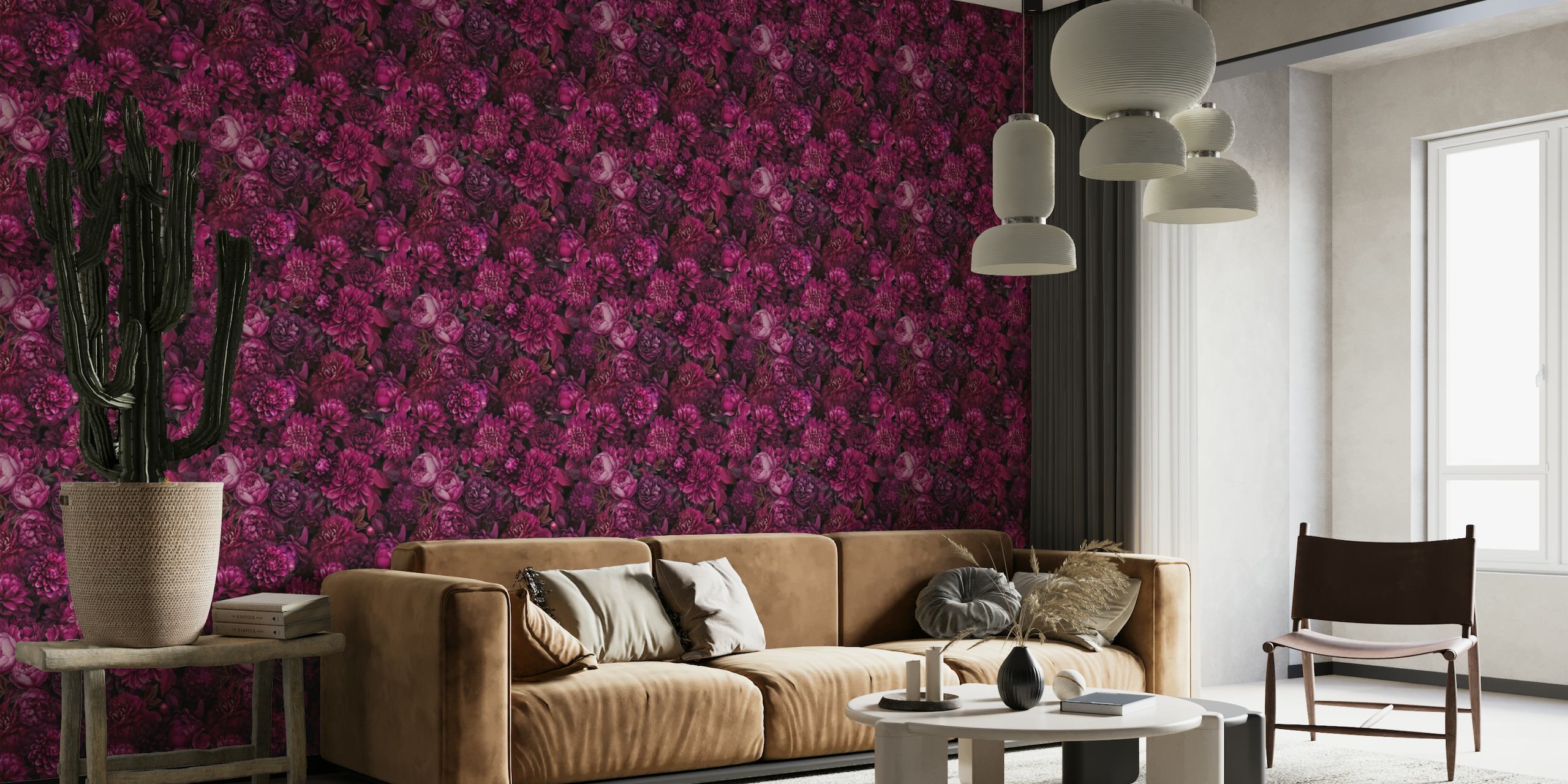 Moody Velvet Burgundy Pink Flower Pattern papel de parede