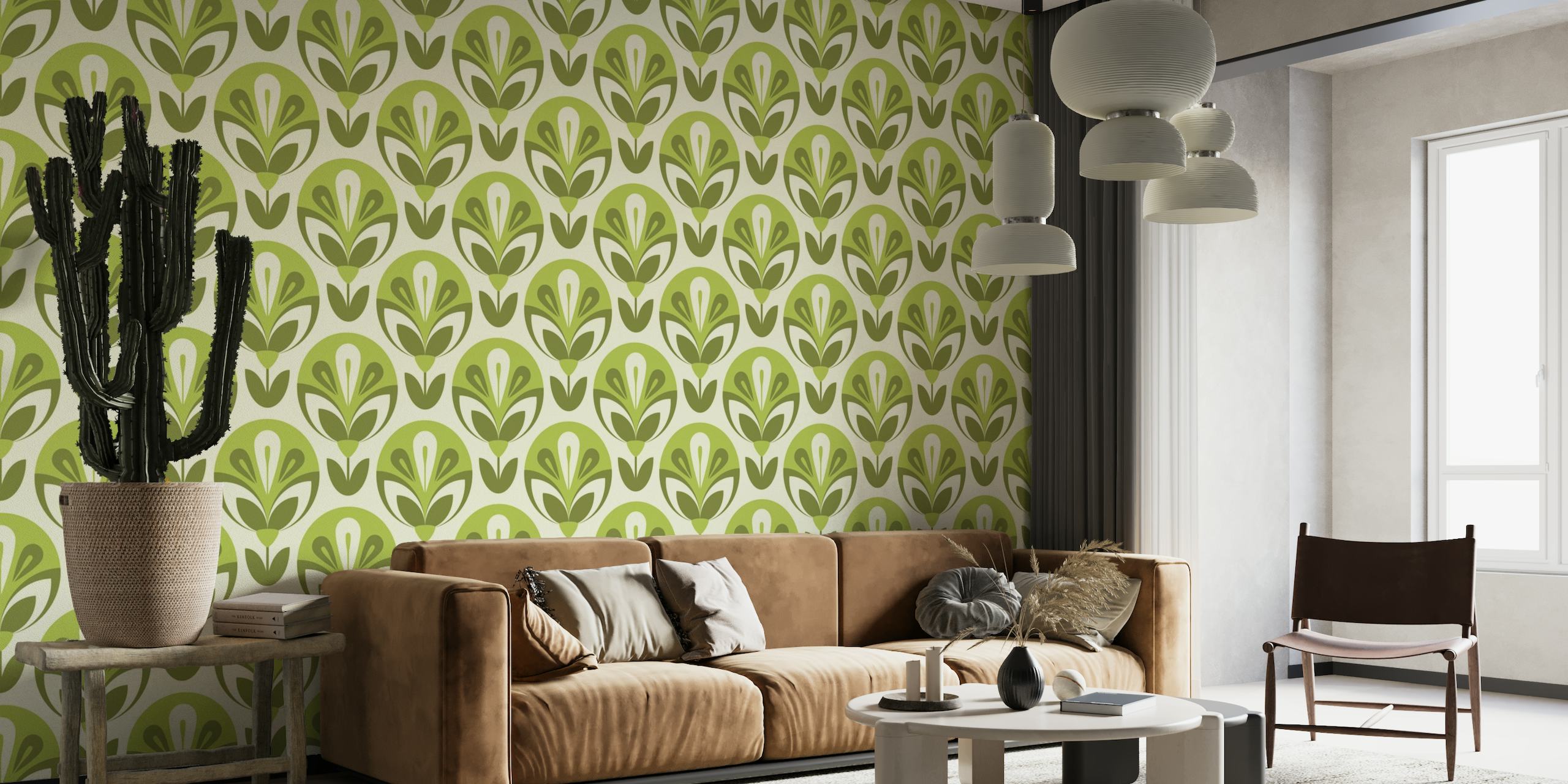 Retro flowers pattern, green (2175 D) papel de parede